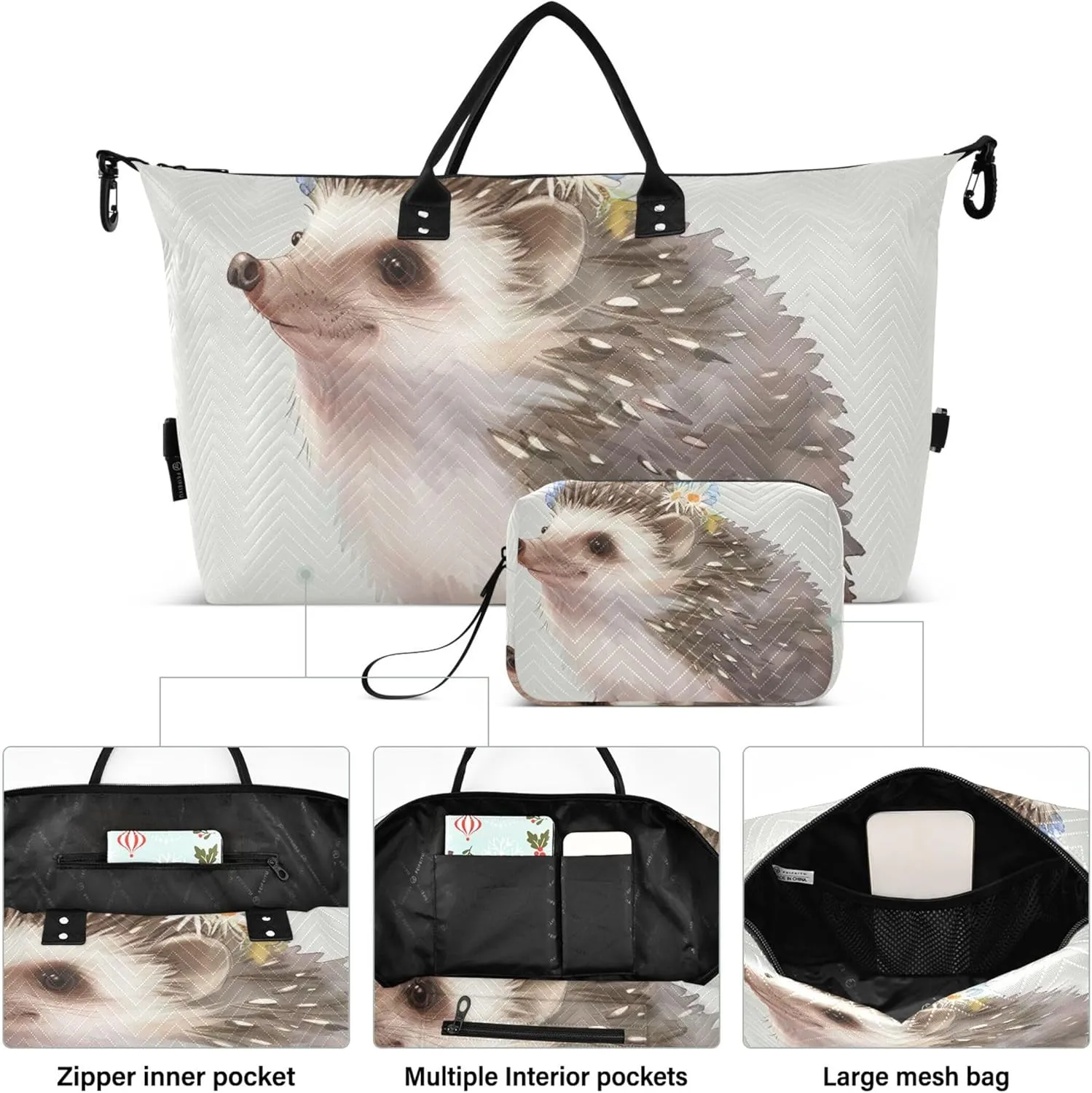 Cute Hedgehog Cute Duffel Bag for Travel Cosmetic Bags Set of 2, Prints Womens Gym Bags Tote Carry on Bags