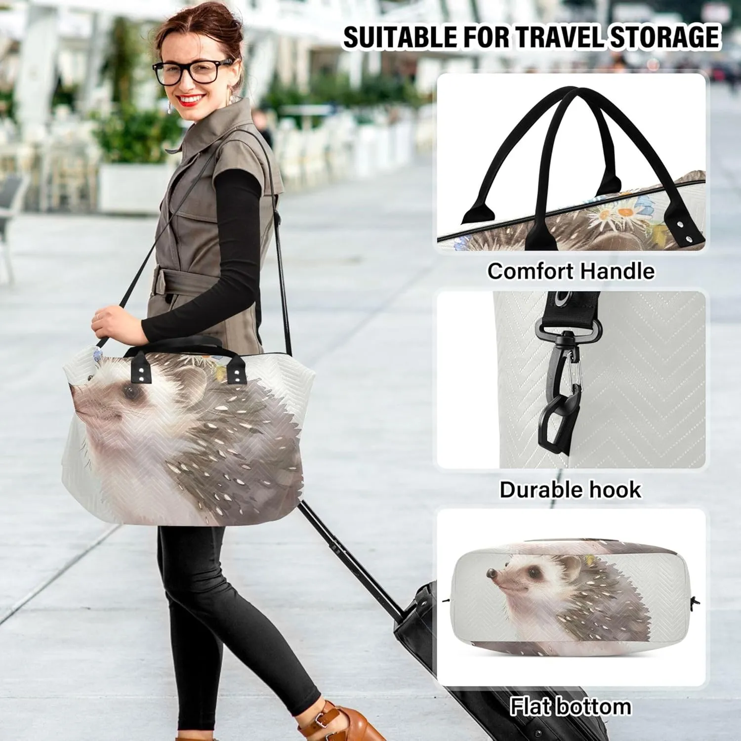 Cute Hedgehog Cute Duffel Bag for Travel Cosmetic Bags Set of 2, Prints Womens Gym Bags Tote Carry on Bags