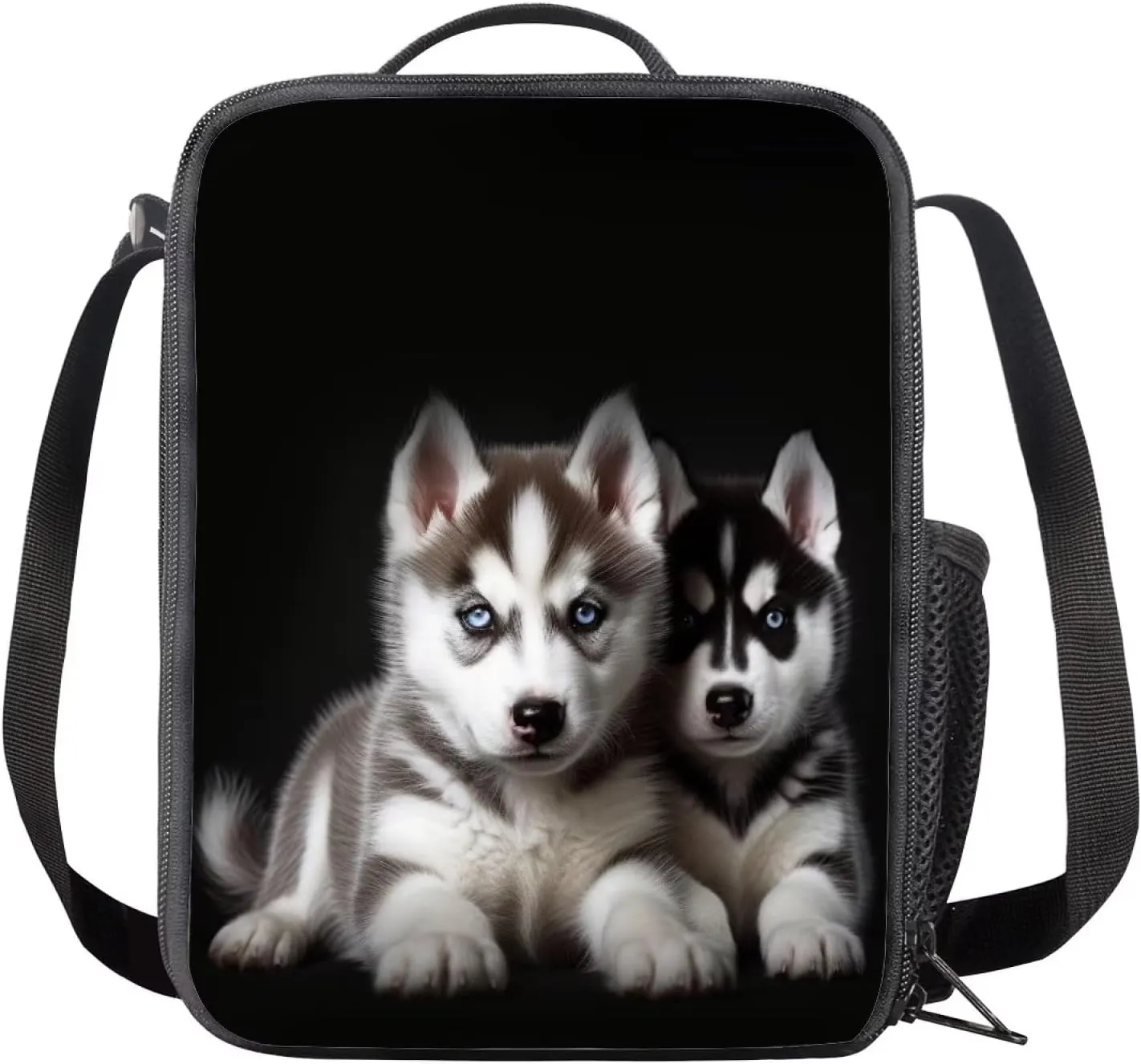 Cute Husky Crossbody Lunch Bag for Kids, Insulating Thermal Container Food Carrier Bag, Durable Lightweight Tote Lunch Bag for School Travel Work, Black