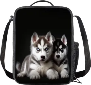 Cute Husky Crossbody Lunch Bag for Kids, Insulating Thermal Container Food Carrier Bag, Durable Lightweight Tote Lunch Bag for School Travel Work, Black