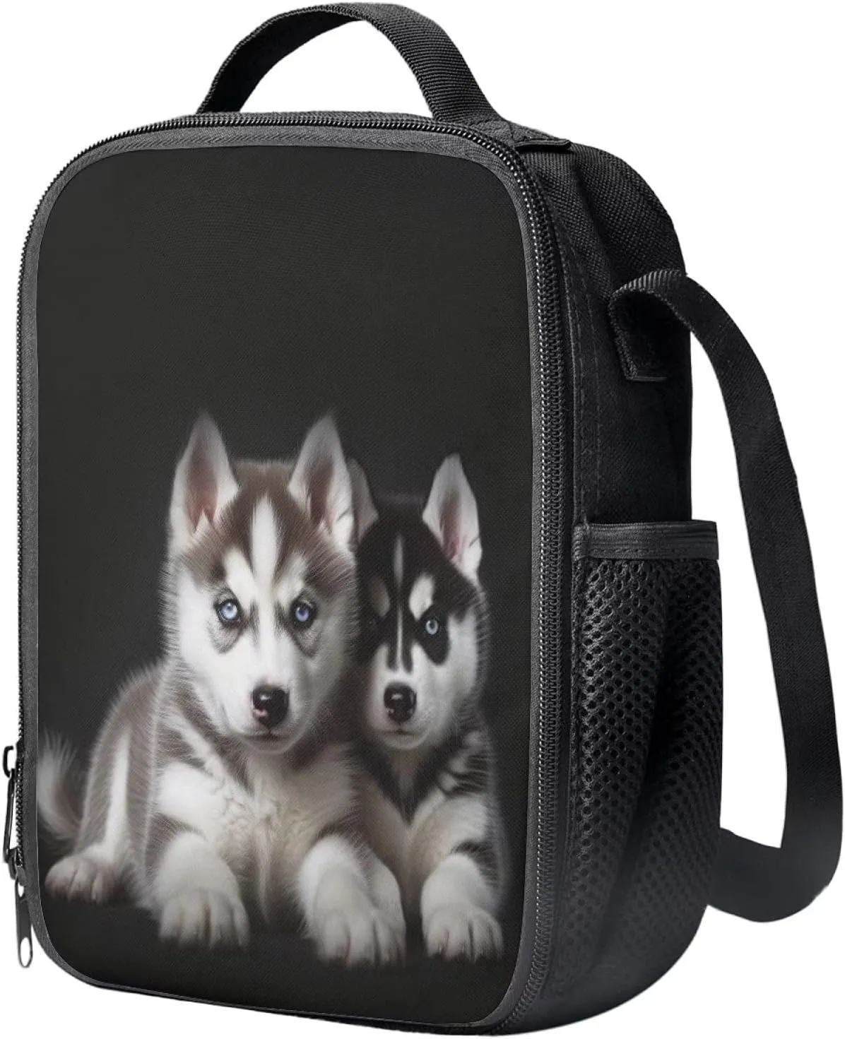 Cute Husky Crossbody Lunch Bag for Kids, Insulating Thermal Container Food Carrier Bag, Durable Lightweight Tote Lunch Bag for School Travel Work, Black