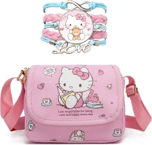 Cute Kitty Crossbody Bag with Bracelet Charm, Kawaii Handbag Shoulder Zipper Bag Coin Pouch Accessories for Women Girls