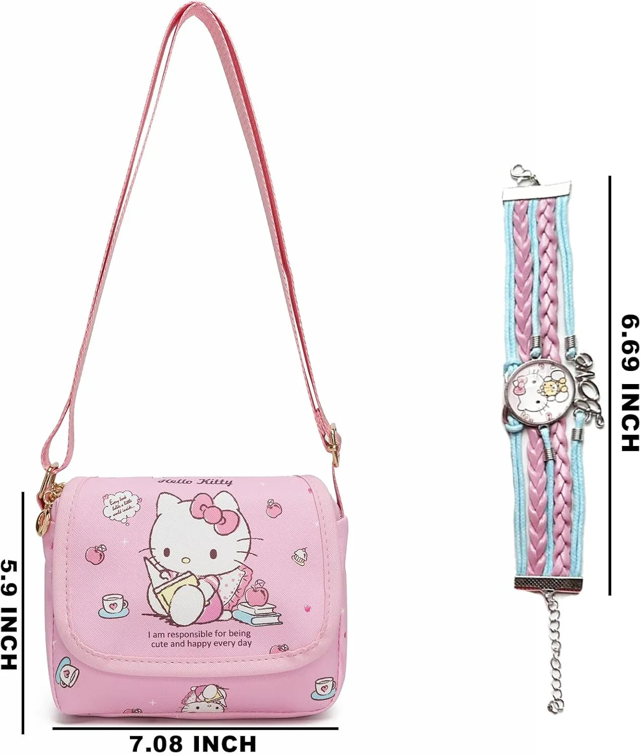 Cute Kitty Crossbody Bag with Bracelet Charm, Kawaii Handbag Shoulder Zipper Bag Coin Pouch Accessories for Women Girls