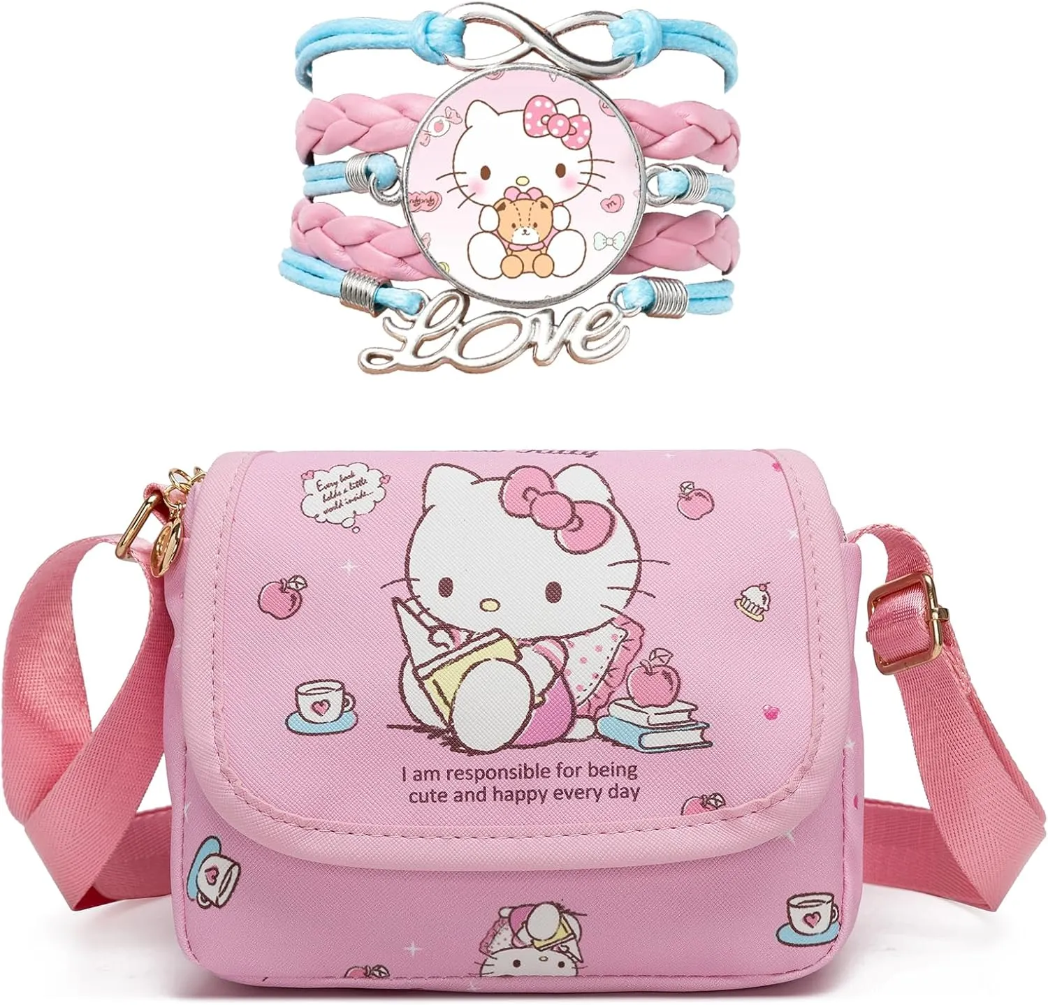 Cute Kitty Crossbody Bag with Bracelet Charm, Kawaii Handbag Shoulder Zipper Bag Coin Pouch Accessories for Women Girls