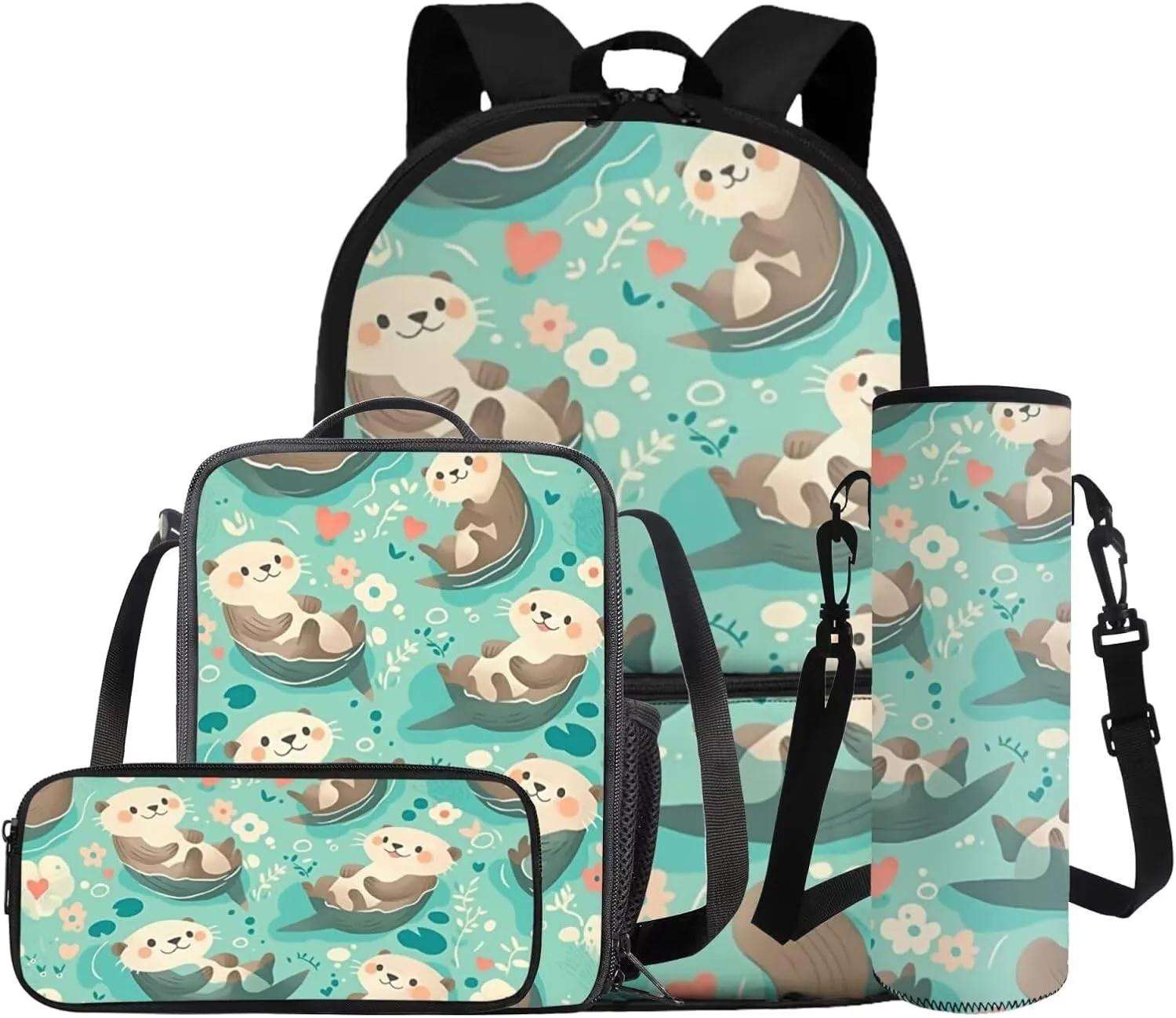 Cute Otter Girls Backpack Purses for Kids 6-8 Floral Kids Bookbag and Lunch Box Set 4 in 1 Lightweight Lunch Bag with Handle 17 Inch Daypack for Primary School