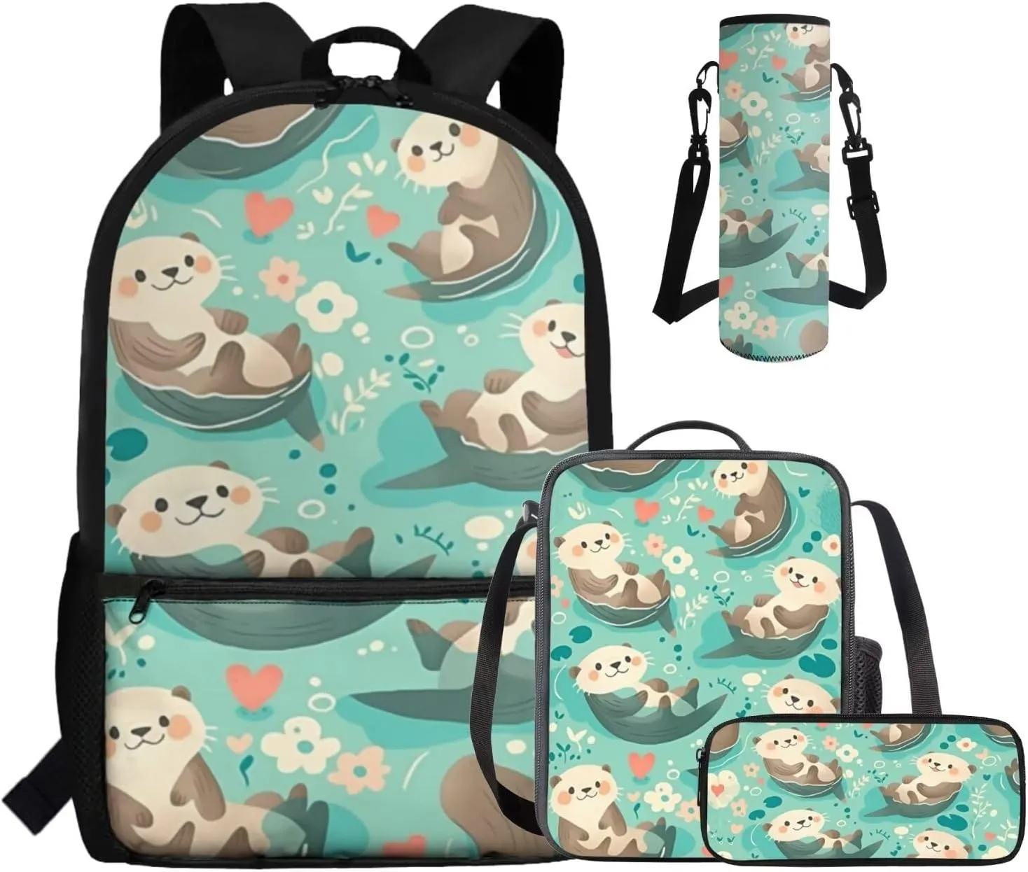 Cute Otter Girls Backpack Purses for Kids 6-8 Floral Kids Bookbag and Lunch Box Set 4 in 1 Lightweight Lunch Bag with Handle 17 Inch Daypack for Primary School