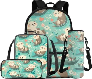 Cute Otter Girls Backpack Purses for Kids 6-8 Floral Kids Bookbag and Lunch Box Set 4 in 1 Lightweight Lunch Bag with Handle 17 Inch Daypack for Primary School