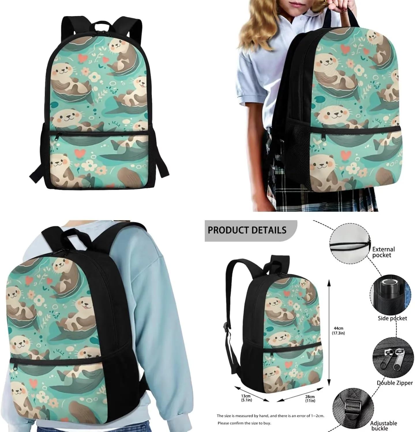 Cute Otter Girls Backpack Purses for Kids 6-8 Floral Kids Bookbag and Lunch Box Set 4 in 1 Lightweight Lunch Bag with Handle 17 Inch Daypack for Primary School