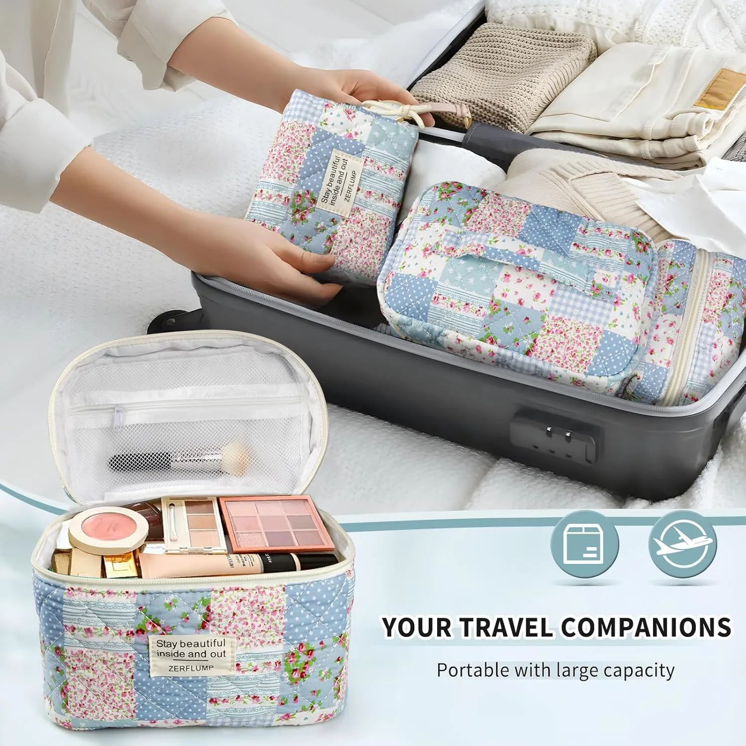 Cute Quilted Floral Makeup Bag(3Pcs)，Coquette Aesthetic Cosmetic Bag，Travel Toiletry Bags， Kawaii Aesthetic pouch for Women (64-GridRose)