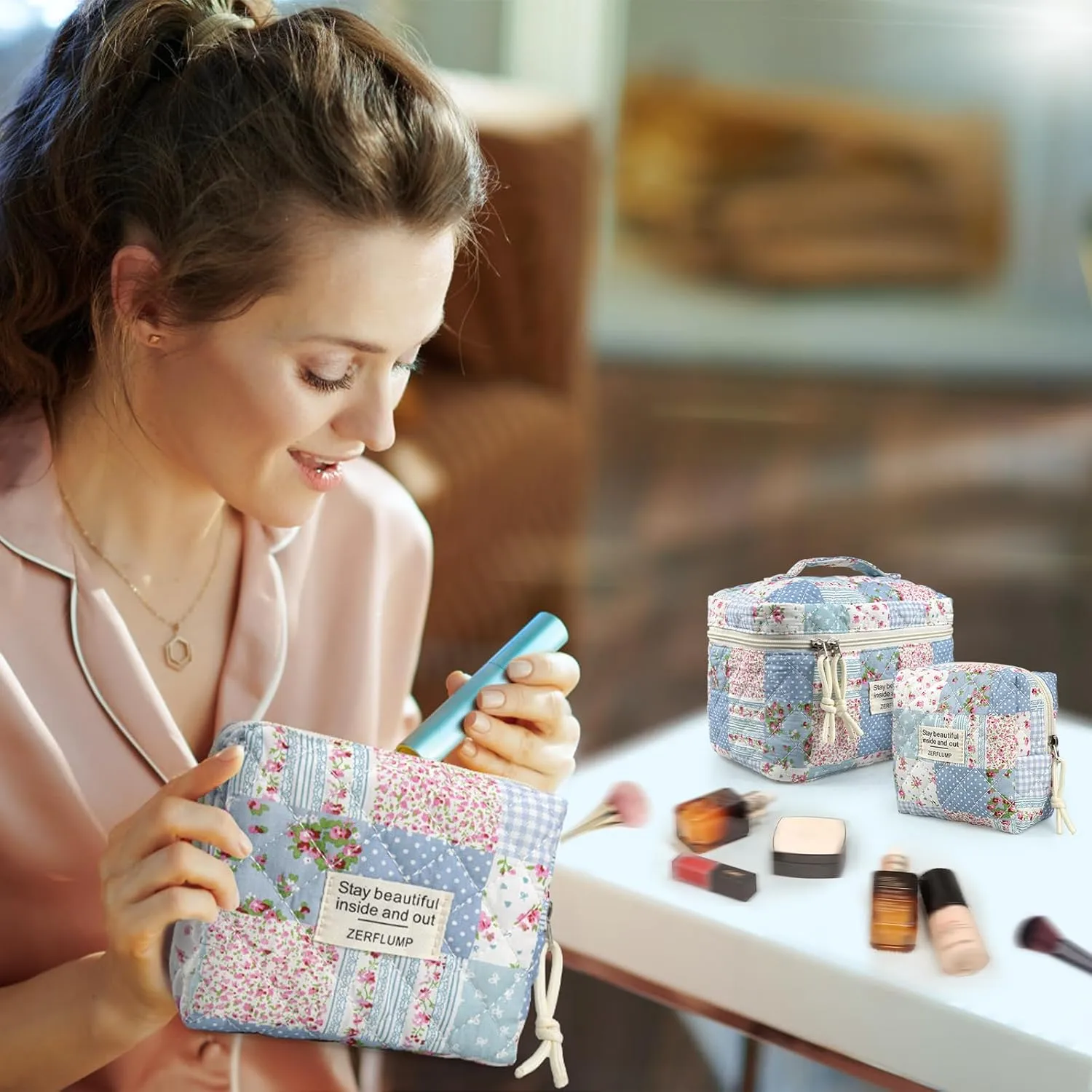 Cute Quilted Floral Makeup Bag(3Pcs)，Coquette Aesthetic Cosmetic Bag，Travel Toiletry Bags， Kawaii Aesthetic pouch for Women (64-GridRose)
