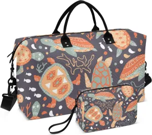 Cute Sea Turtles and Algae Travel Duffle Bag, Large Weekender Overnight Bags for Women Men Waterproof Carry on Shoulder Tote Bags for Hospital Maternity Mommy Gym with Toiletry Bag