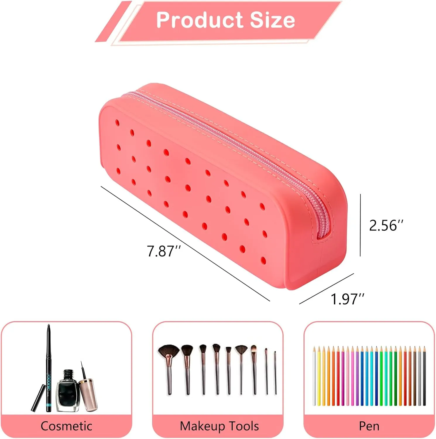 Cute Silicone Makeup Brush Holder with Holes, Soft Portable Cosmetic Brush Bag with Zipper, Travel Makeup Brush Case（01Pink）