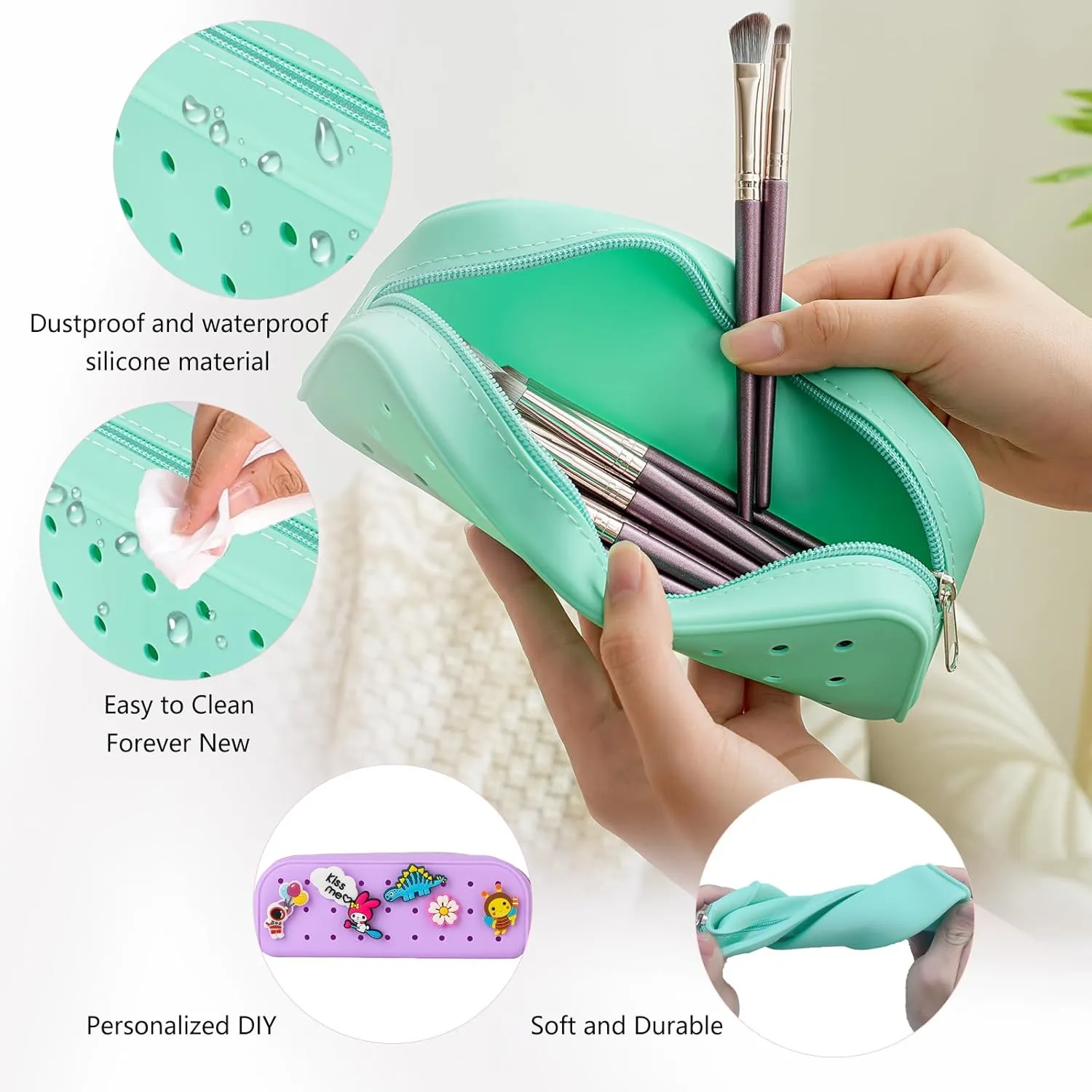Cute Silicone Makeup Brush Holder with Holes, Soft Portable Cosmetic Brush Bag with Zipper, Travel Makeup Brush Case（02Hot Pink）