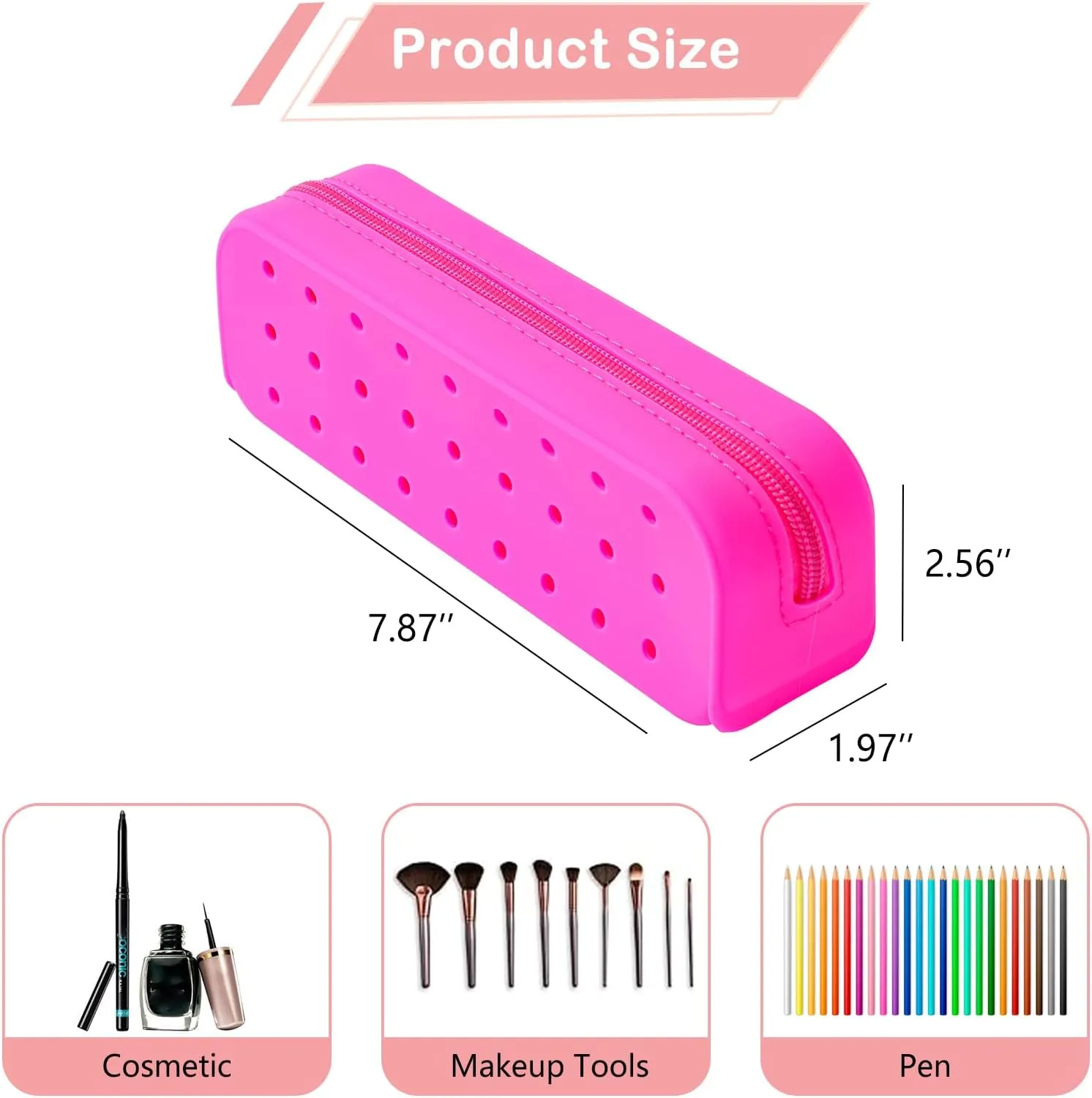 Cute Silicone Makeup Brush Holder with Holes, Soft Portable Cosmetic Brush Bag with Zipper, Travel Makeup Brush Case（02Hot Pink）