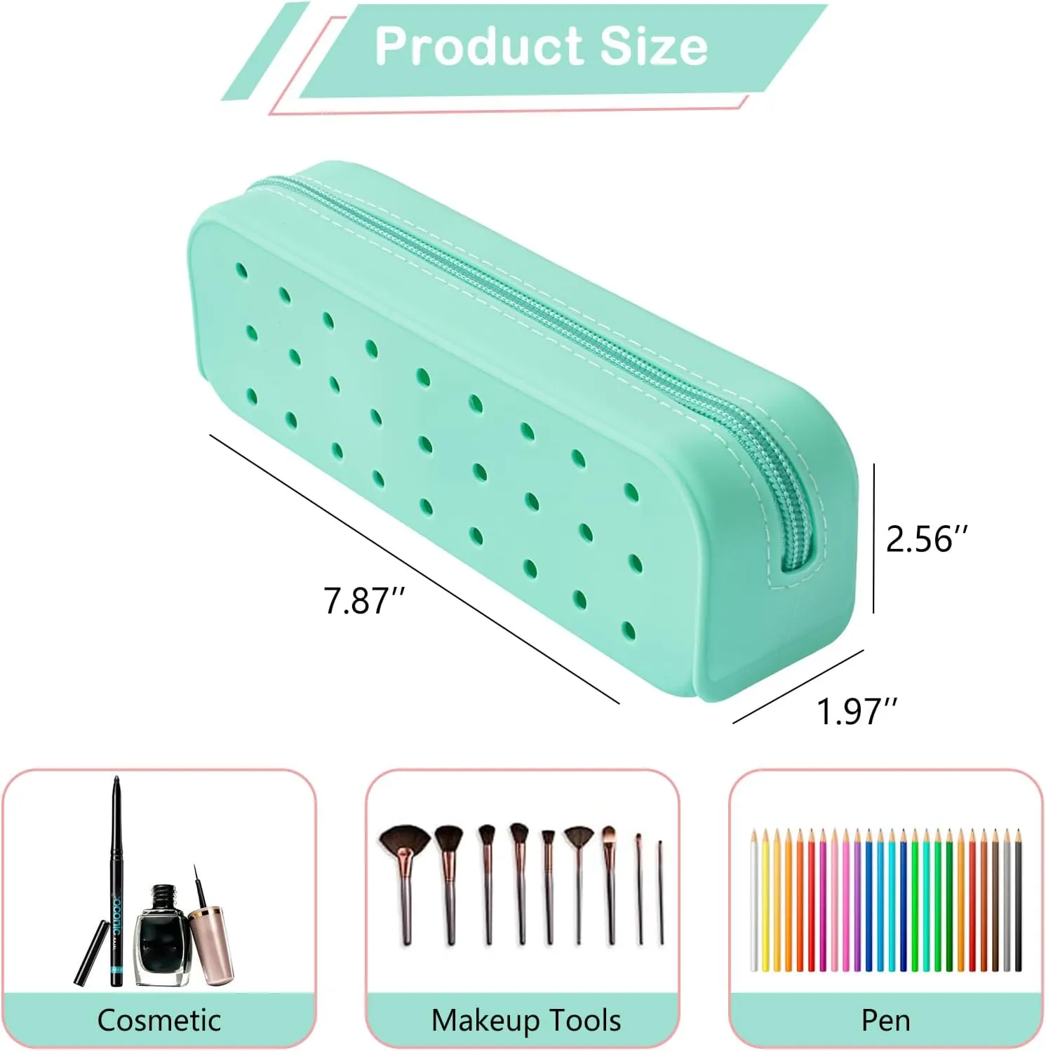 Cute Silicone Makeup Brush Holder with Holes, Soft Portable Cosmetic Brush Bag with Zipper, Travel Makeup Brush Case（05Jade Green）