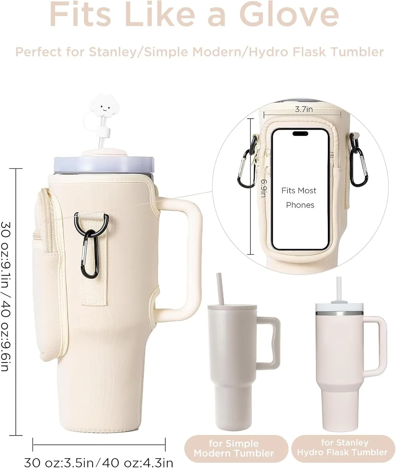 dabria Water Bottle Carrier Bag with Phone Pocket for Stanley 40/30 oz Tumbler Neoprene Water Bottle Holder Pouch with Adjustable Strap Bollus with Straw Cover & Carabiner for Stanley Cup Accessories