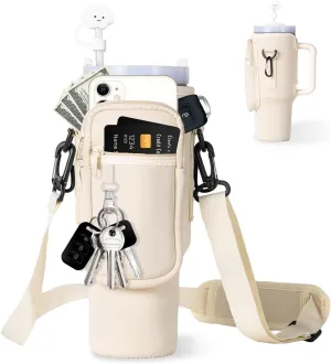 dabria Water Bottle Carrier Bag with Phone Pocket for Stanley 40/30 oz Tumbler Neoprene Water Bottle Holder Pouch with Adjustable Strap Bollus with Straw Cover & Carabiner for Stanley Cup Accessories