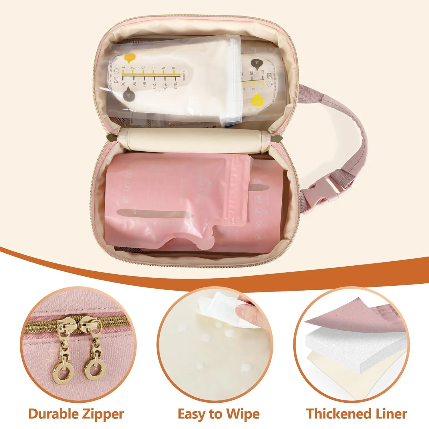 Damero Breastmilk Cooler Bag with 4 Ice Packs -Breastmilk Cooler Travel Bag Organizer with Detachable Buckle Handle for Daycare and Breastfeeding Mom,Pink