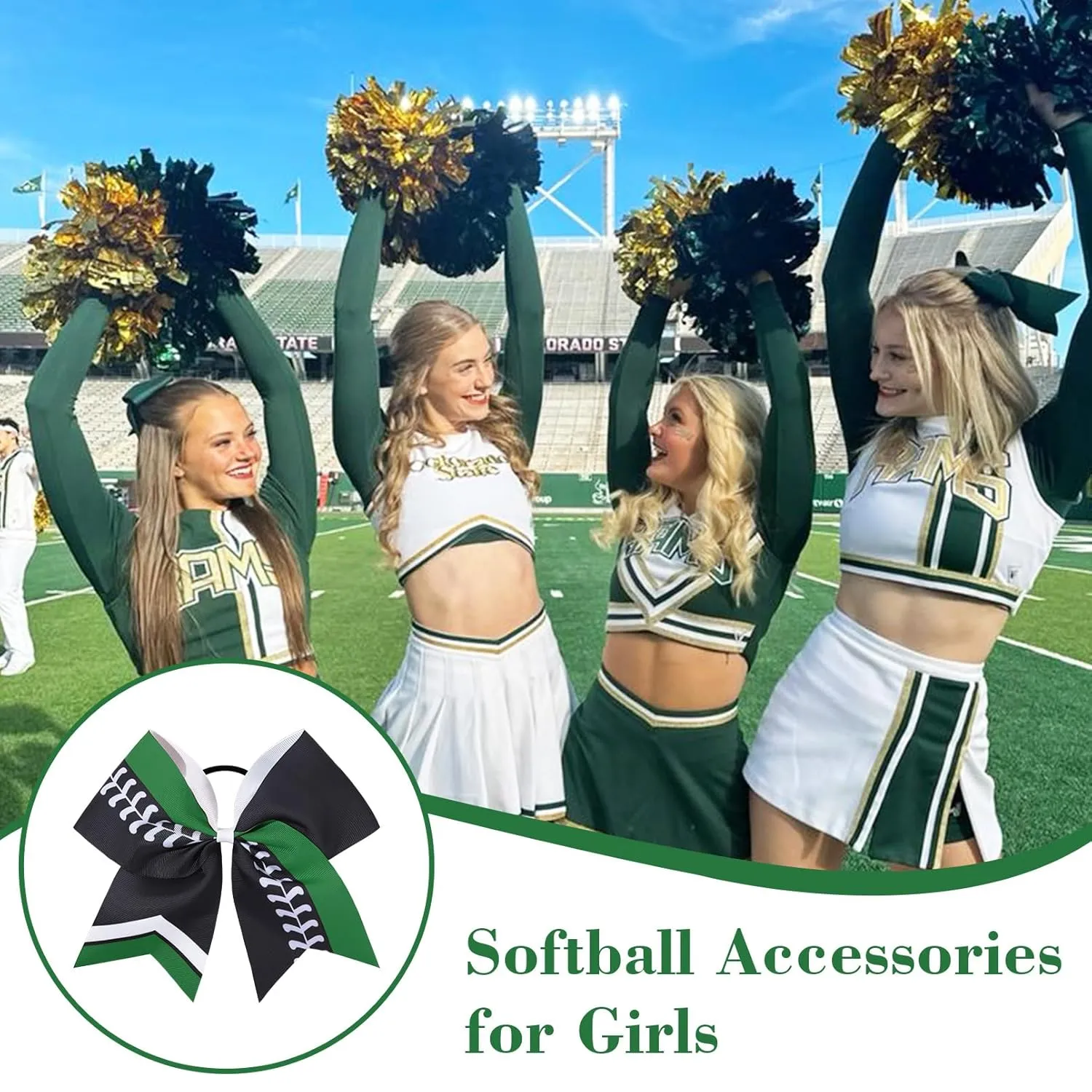 DEEKA 12 PCS Softball Cheer Bows 8" Softball Thread Large Cheer Hair Bows Ponytail Holder Handmade for Teen Girls Sports Cheerleader -Black/Green/White
