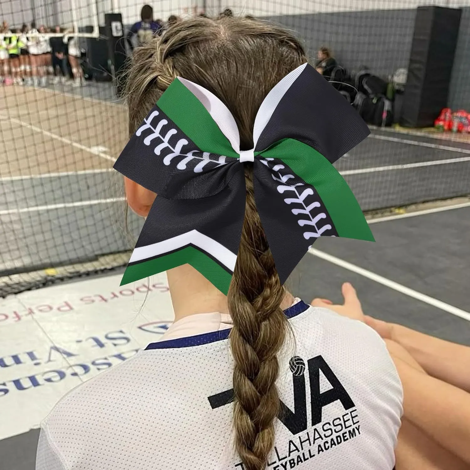 DEEKA 12 PCS Softball Cheer Bows 8" Softball Thread Large Cheer Hair Bows Ponytail Holder Handmade for Teen Girls Sports Cheerleader -Black/Green/White