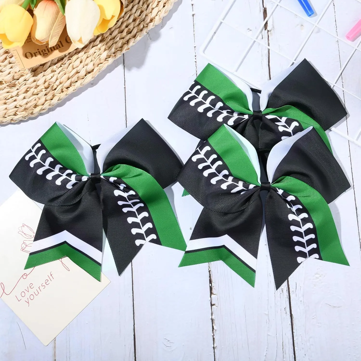 DEEKA 12 PCS Softball Cheer Bows 8" Softball Thread Large Cheer Hair Bows Ponytail Holder Handmade for Teen Girls Sports Cheerleader -Black/Green/White