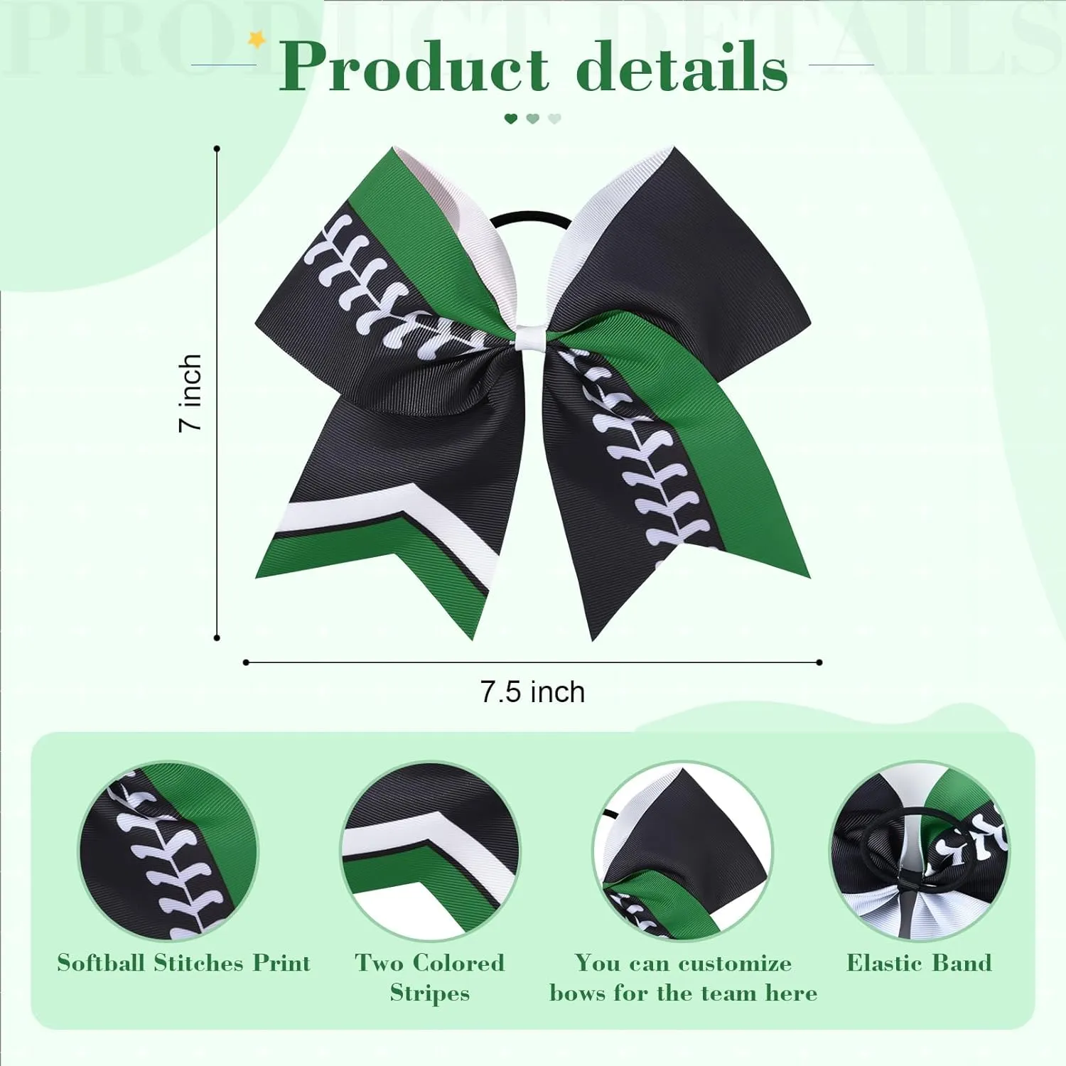 DEEKA 12 PCS Softball Cheer Bows 8" Softball Thread Large Cheer Hair Bows Ponytail Holder Handmade for Teen Girls Sports Cheerleader -Black/Green/White