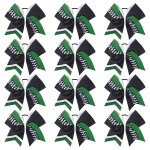 DEEKA 12 PCS Softball Cheer Bows 8" Softball Thread Large Cheer Hair Bows Ponytail Holder Handmade for Teen Girls Sports Cheerleader -Black/Green/White