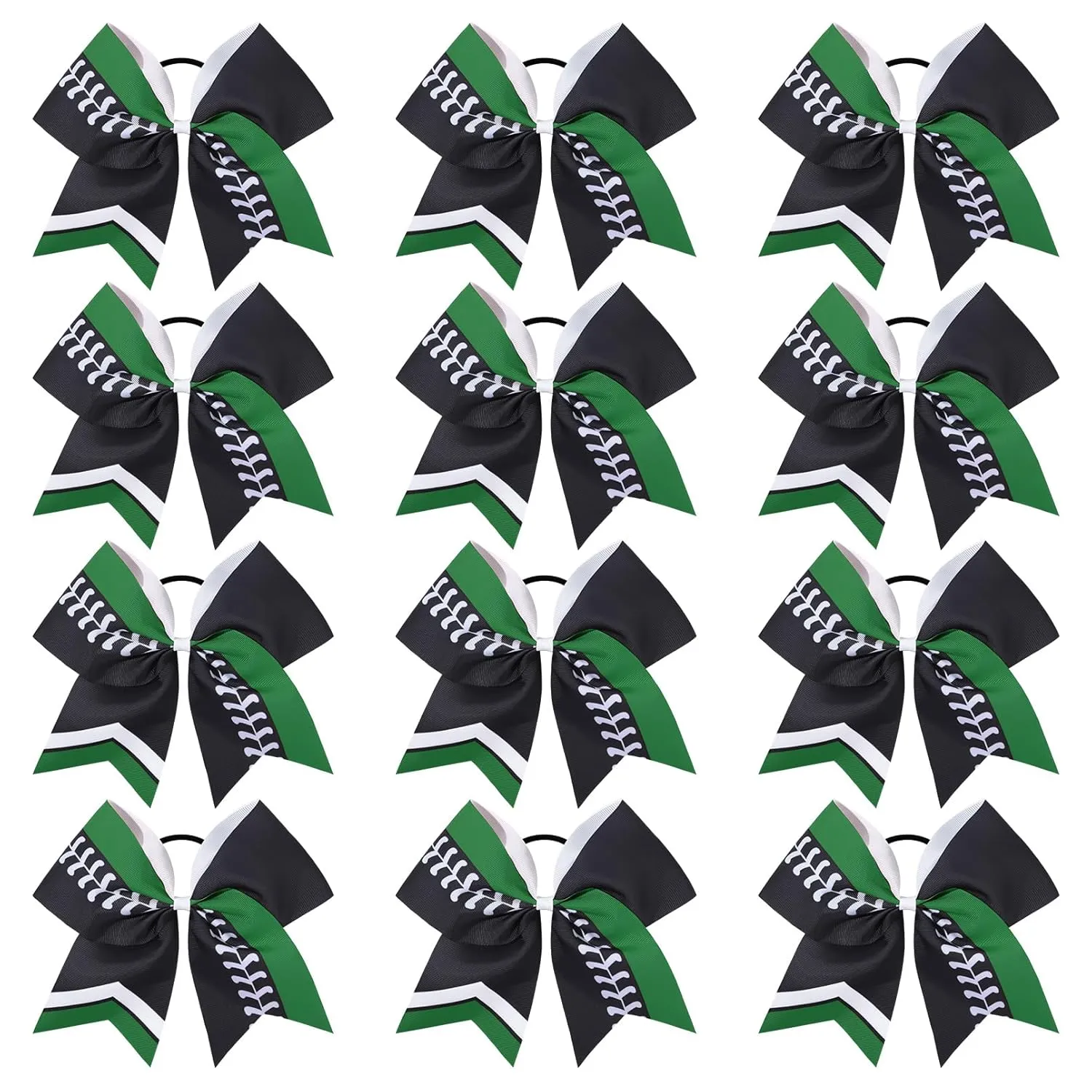 DEEKA 12 PCS Softball Cheer Bows 8" Softball Thread Large Cheer Hair Bows Ponytail Holder Handmade for Teen Girls Sports Cheerleader -Black/Green/White