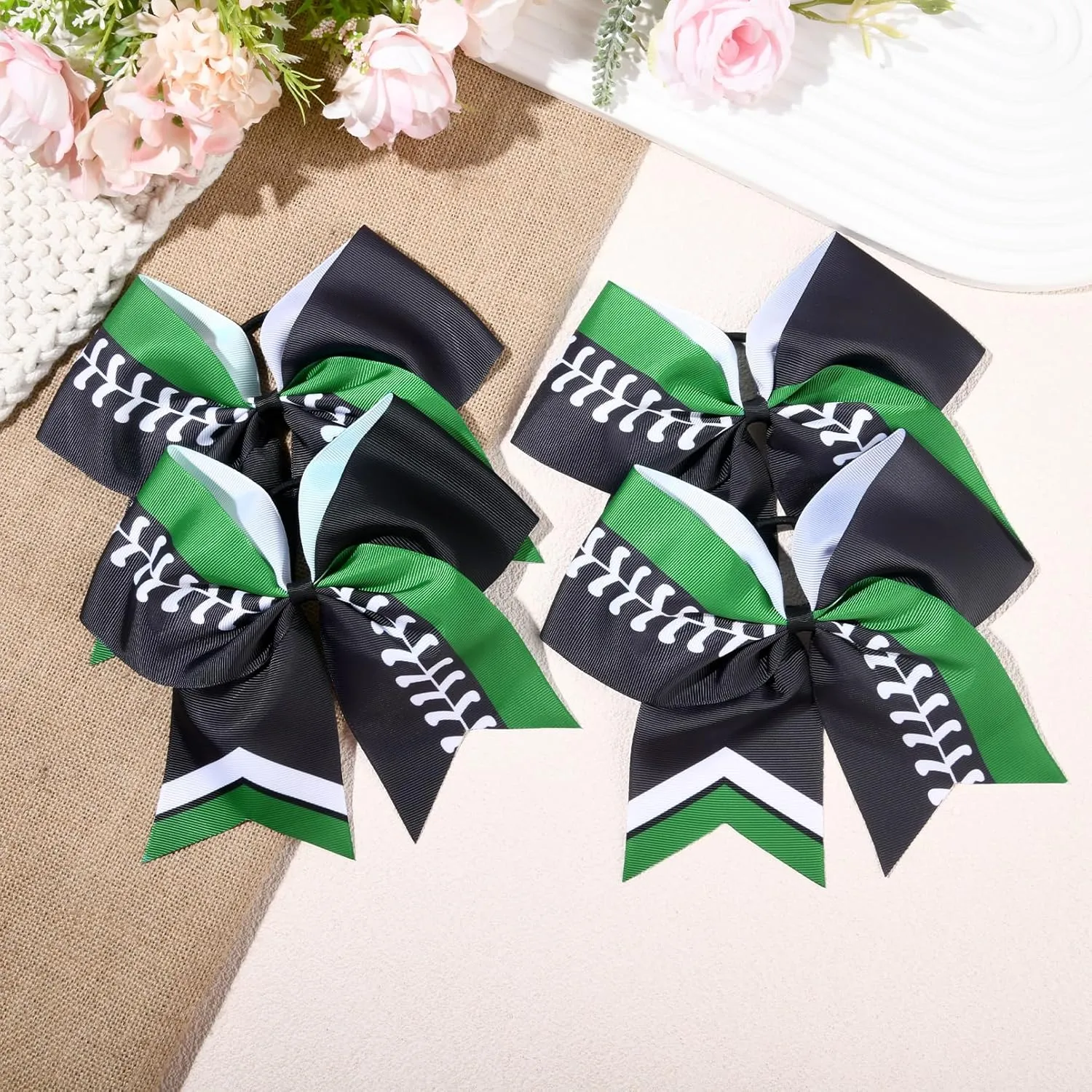 DEEKA 12 PCS Softball Cheer Bows 8" Softball Thread Large Cheer Hair Bows Ponytail Holder Handmade for Teen Girls Sports Cheerleader -Black/Green/White