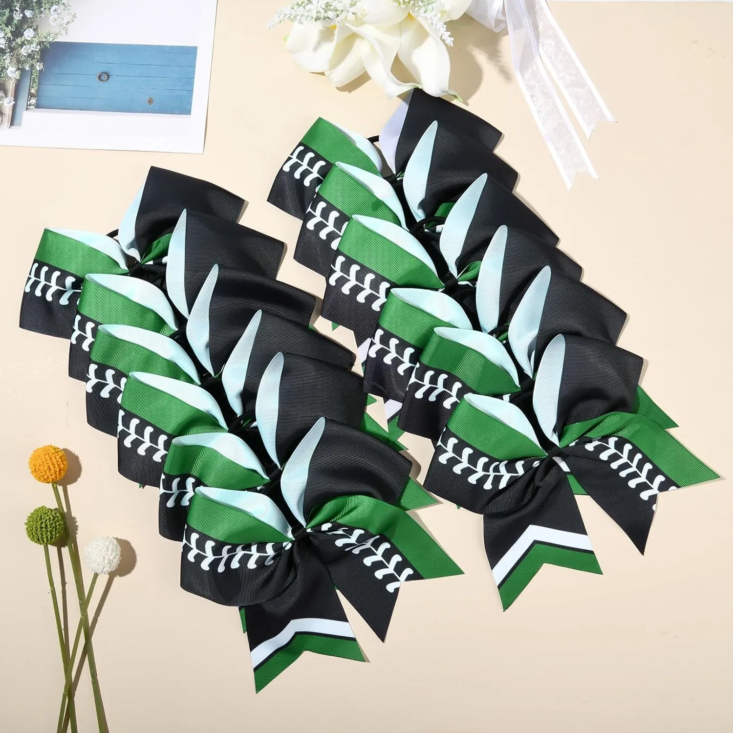 DEEKA 12 PCS Softball Cheer Bows 8" Softball Thread Large Cheer Hair Bows Ponytail Holder Handmade for Teen Girls Sports Cheerleader -Black/Green/White