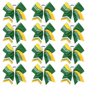 DEEKA 12 PCS Softball Cheer Bows 8" Softball Thread Large Cheer Hair Bows Ponytail Holder Handmade for Teen Girls Sports Cheerleader -Green/Yellow/White
