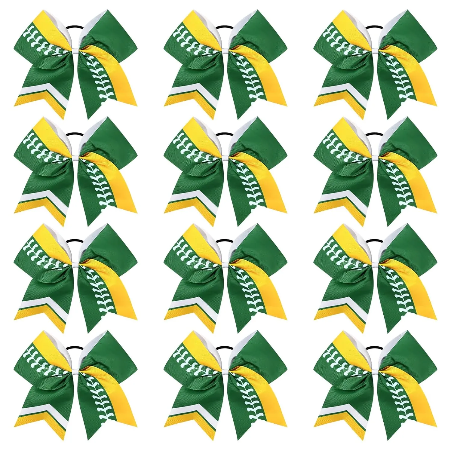DEEKA 12 PCS Softball Cheer Bows 8" Softball Thread Large Cheer Hair Bows Ponytail Holder Handmade for Teen Girls Sports Cheerleader -Green/Yellow/White