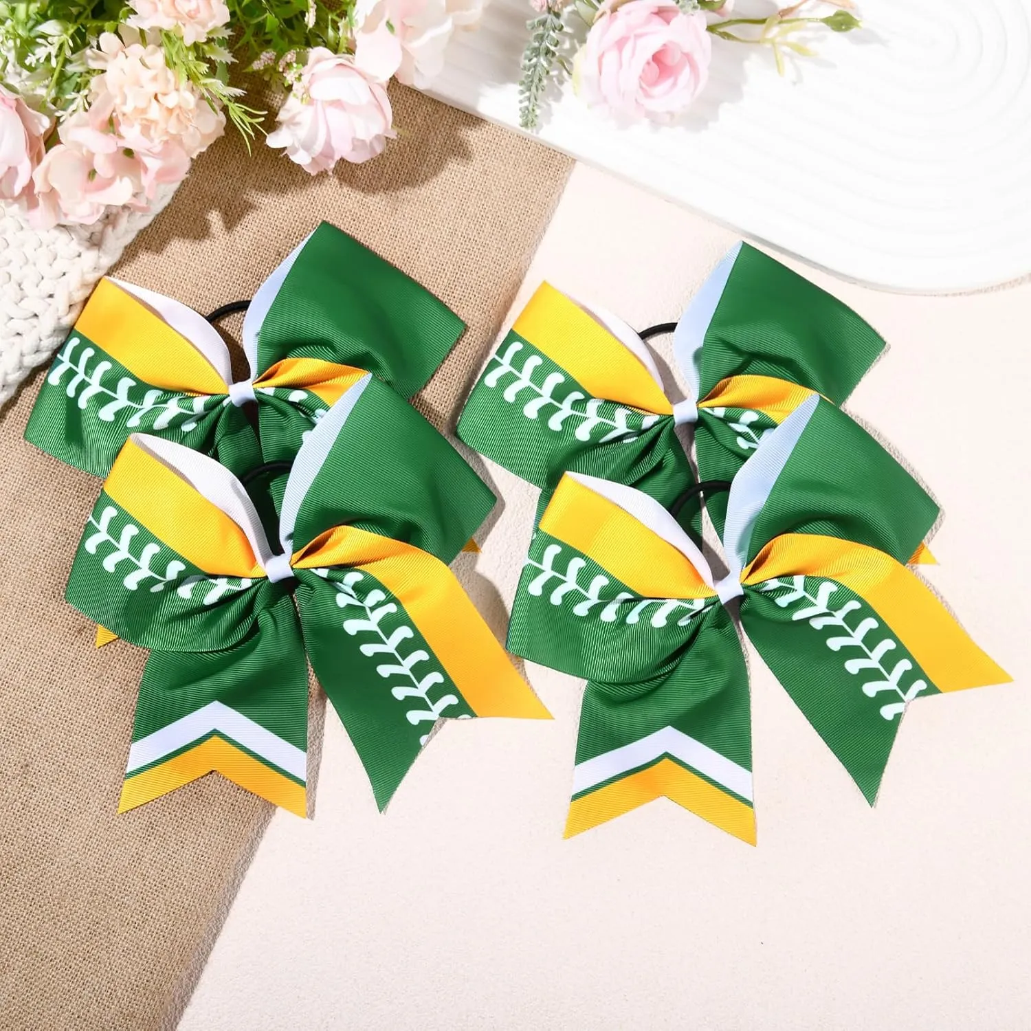 DEEKA 12 PCS Softball Cheer Bows 8" Softball Thread Large Cheer Hair Bows Ponytail Holder Handmade for Teen Girls Sports Cheerleader -Green/Yellow/White