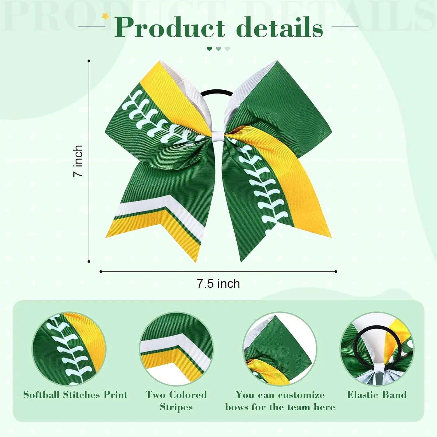 DEEKA 12 PCS Softball Cheer Bows 8" Softball Thread Large Cheer Hair Bows Ponytail Holder Handmade for Teen Girls Sports Cheerleader -Green/Yellow/White