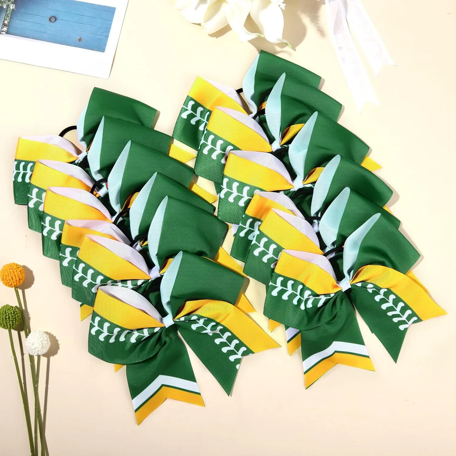 DEEKA 12 PCS Softball Cheer Bows 8" Softball Thread Large Cheer Hair Bows Ponytail Holder Handmade for Teen Girls Sports Cheerleader -Green/Yellow/White