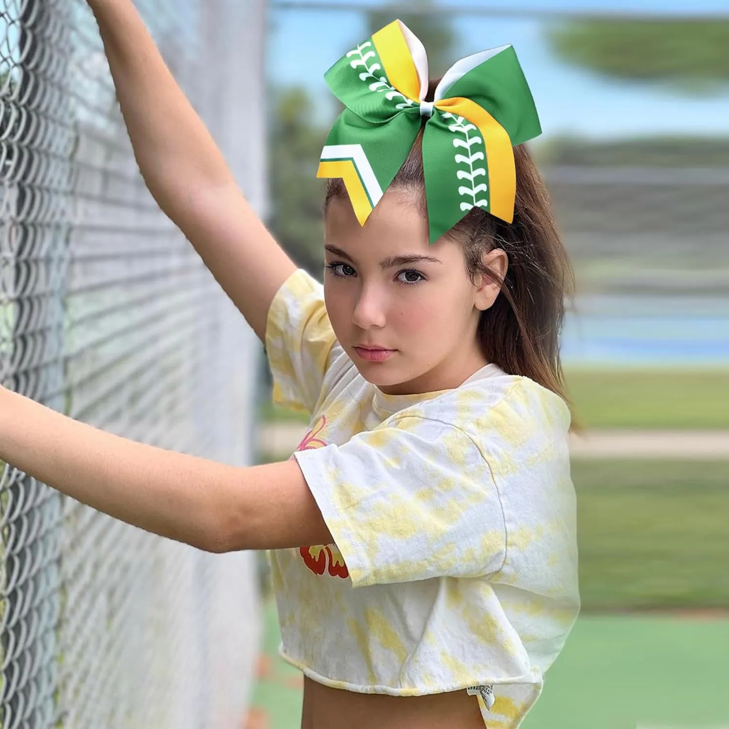 DEEKA 12 PCS Softball Cheer Bows 8" Softball Thread Large Cheer Hair Bows Ponytail Holder Handmade for Teen Girls Sports Cheerleader -Green/Yellow/White