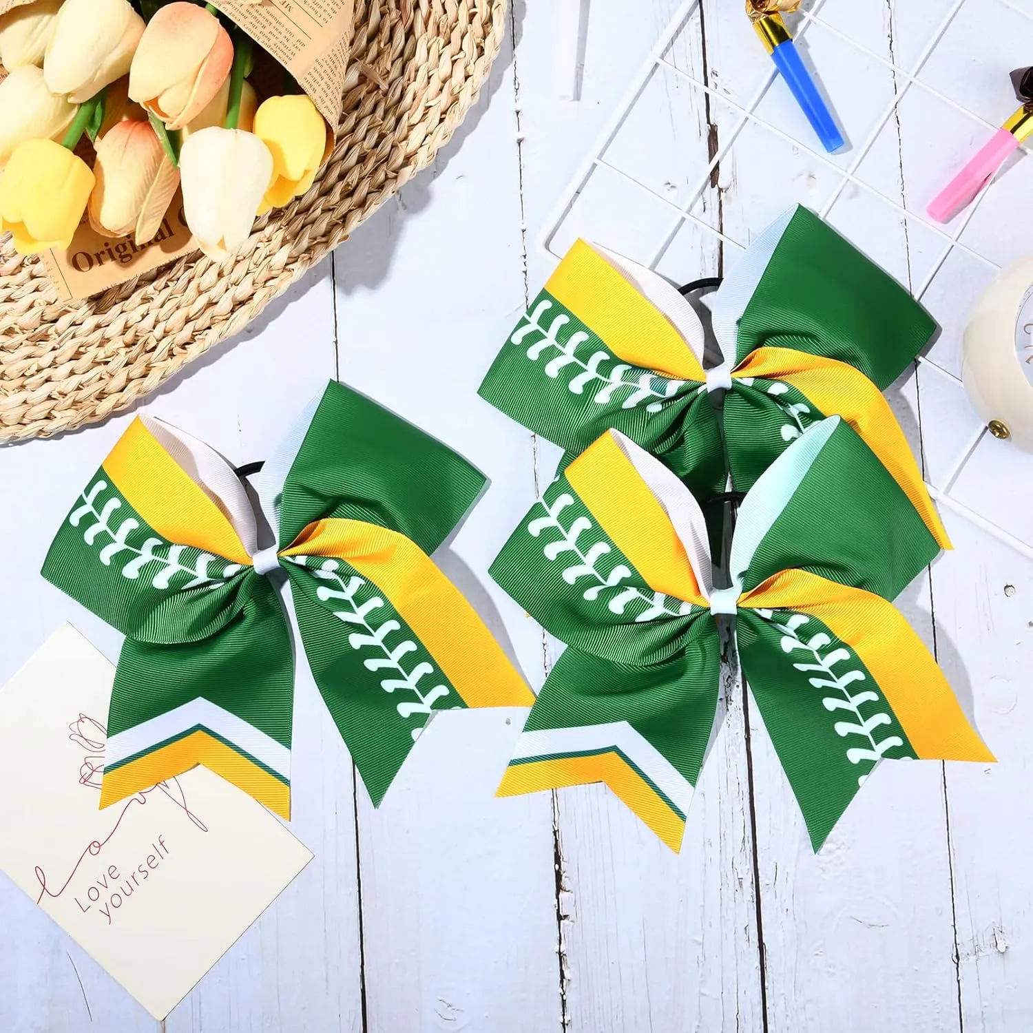 DEEKA 12 PCS Softball Cheer Bows 8" Softball Thread Large Cheer Hair Bows Ponytail Holder Handmade for Teen Girls Sports Cheerleader -Green/Yellow/White