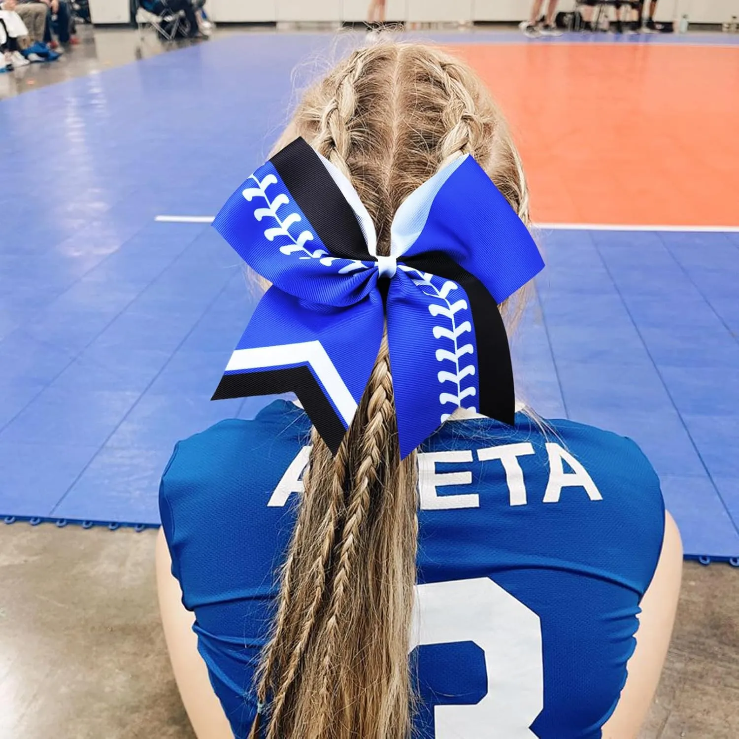 DEEKA 12 PCS Softball Cheer Bows 8" Softball Thread Large Cheer Hair Bows Ponytail Holder Handmade for Teen Girls Sports Cheerleader -Royal Blue/Black/White