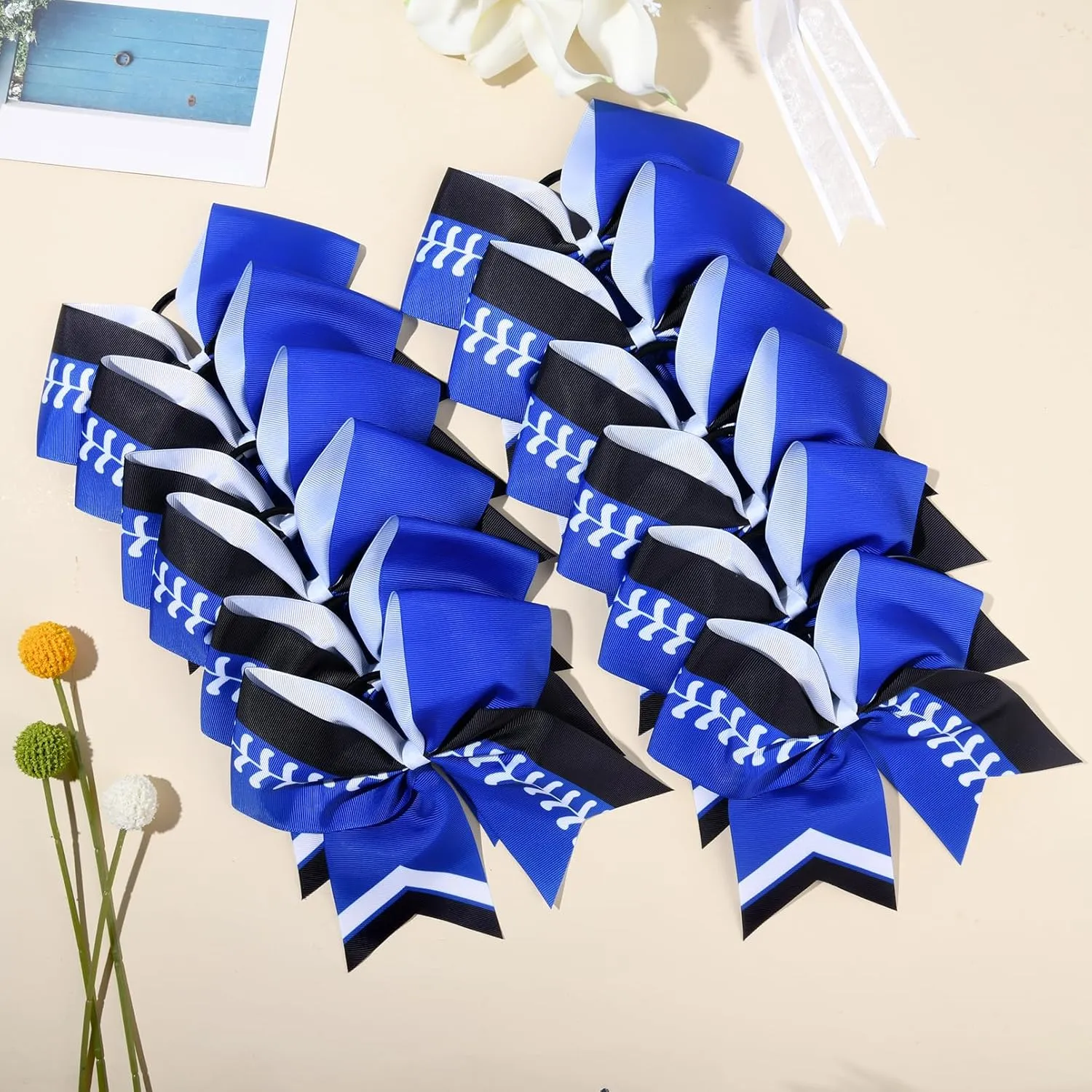 DEEKA 12 PCS Softball Cheer Bows 8" Softball Thread Large Cheer Hair Bows Ponytail Holder Handmade for Teen Girls Sports Cheerleader -Royal Blue/Black/White