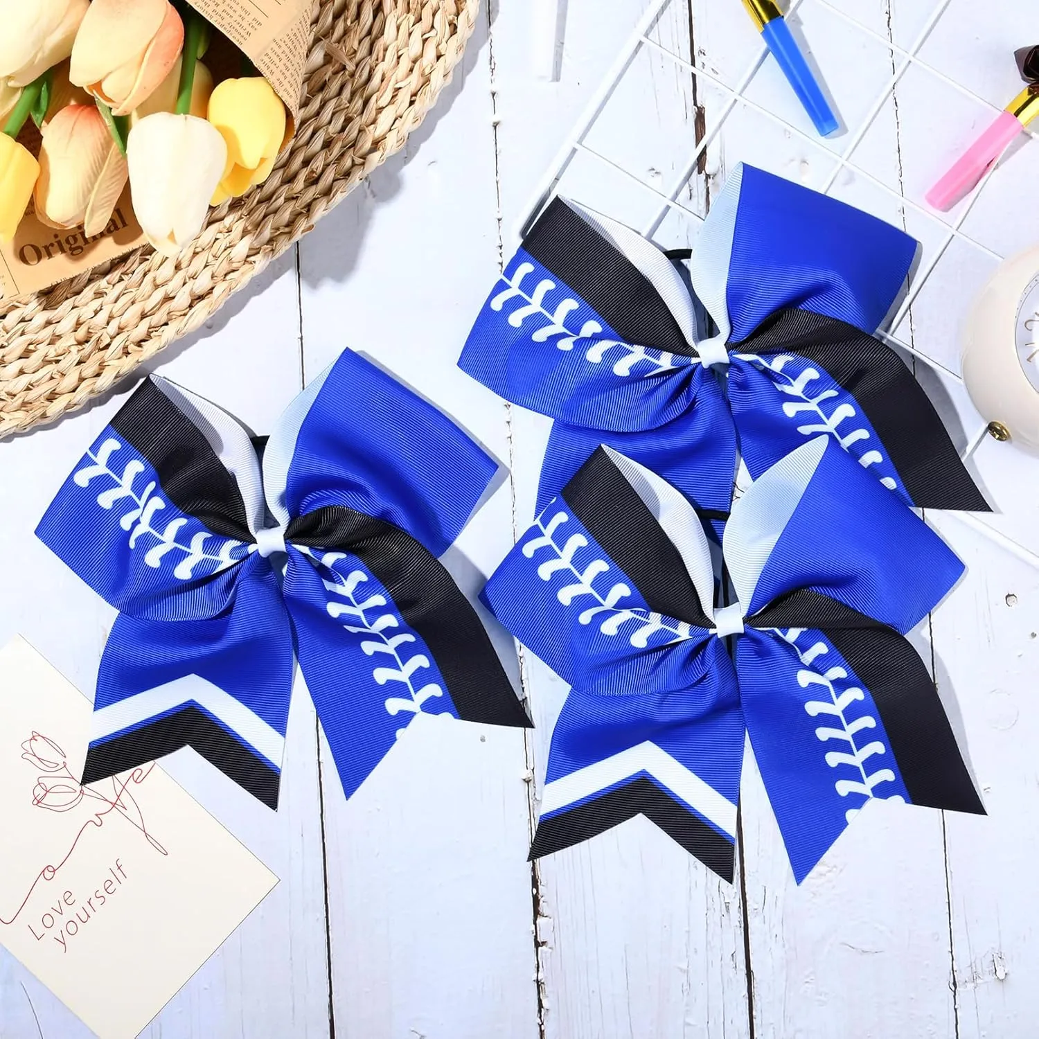 DEEKA 12 PCS Softball Cheer Bows 8" Softball Thread Large Cheer Hair Bows Ponytail Holder Handmade for Teen Girls Sports Cheerleader -Royal Blue/Black/White