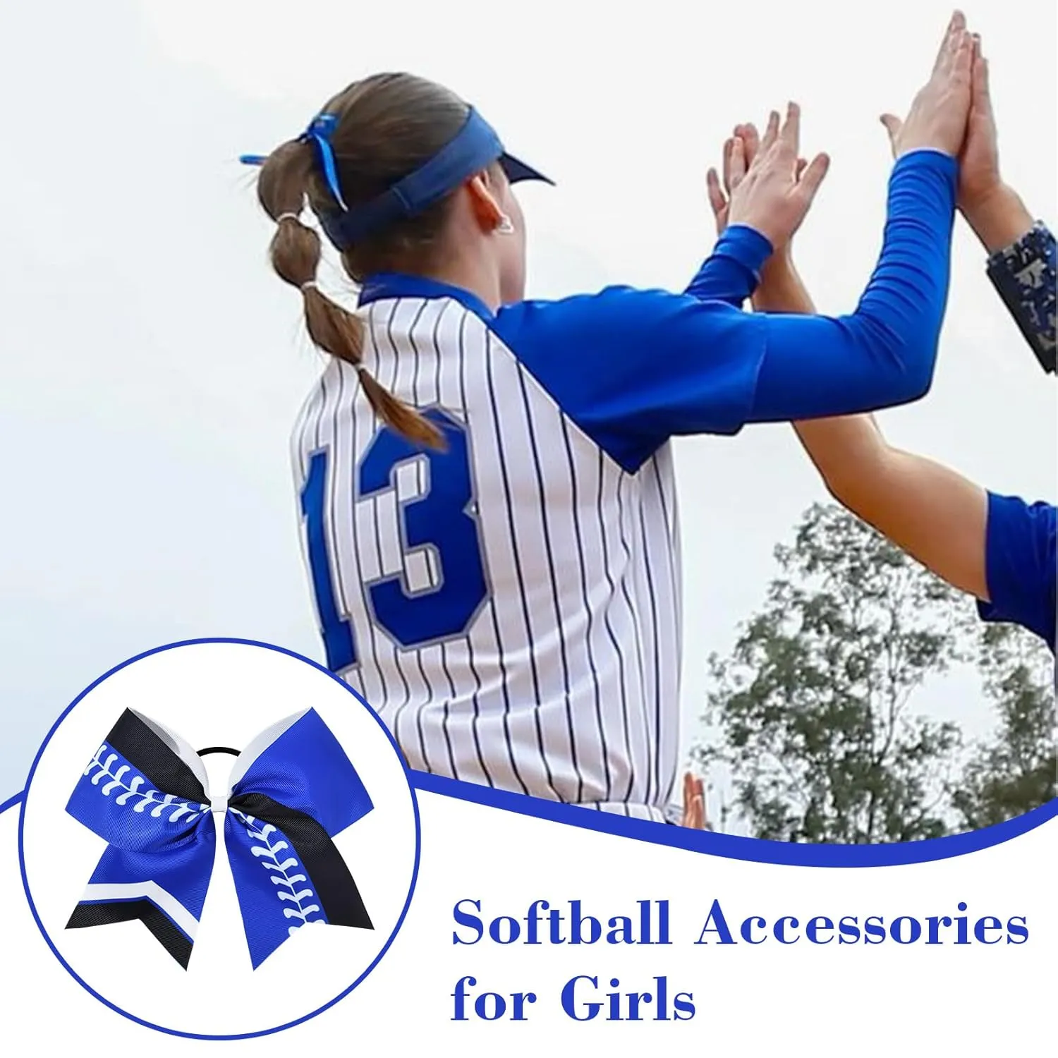 DEEKA 12 PCS Softball Cheer Bows 8" Softball Thread Large Cheer Hair Bows Ponytail Holder Handmade for Teen Girls Sports Cheerleader -Royal Blue/Black/White