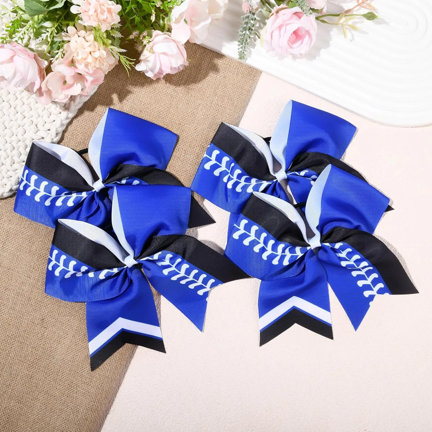 DEEKA 12 PCS Softball Cheer Bows 8" Softball Thread Large Cheer Hair Bows Ponytail Holder Handmade for Teen Girls Sports Cheerleader -Royal Blue/Black/White