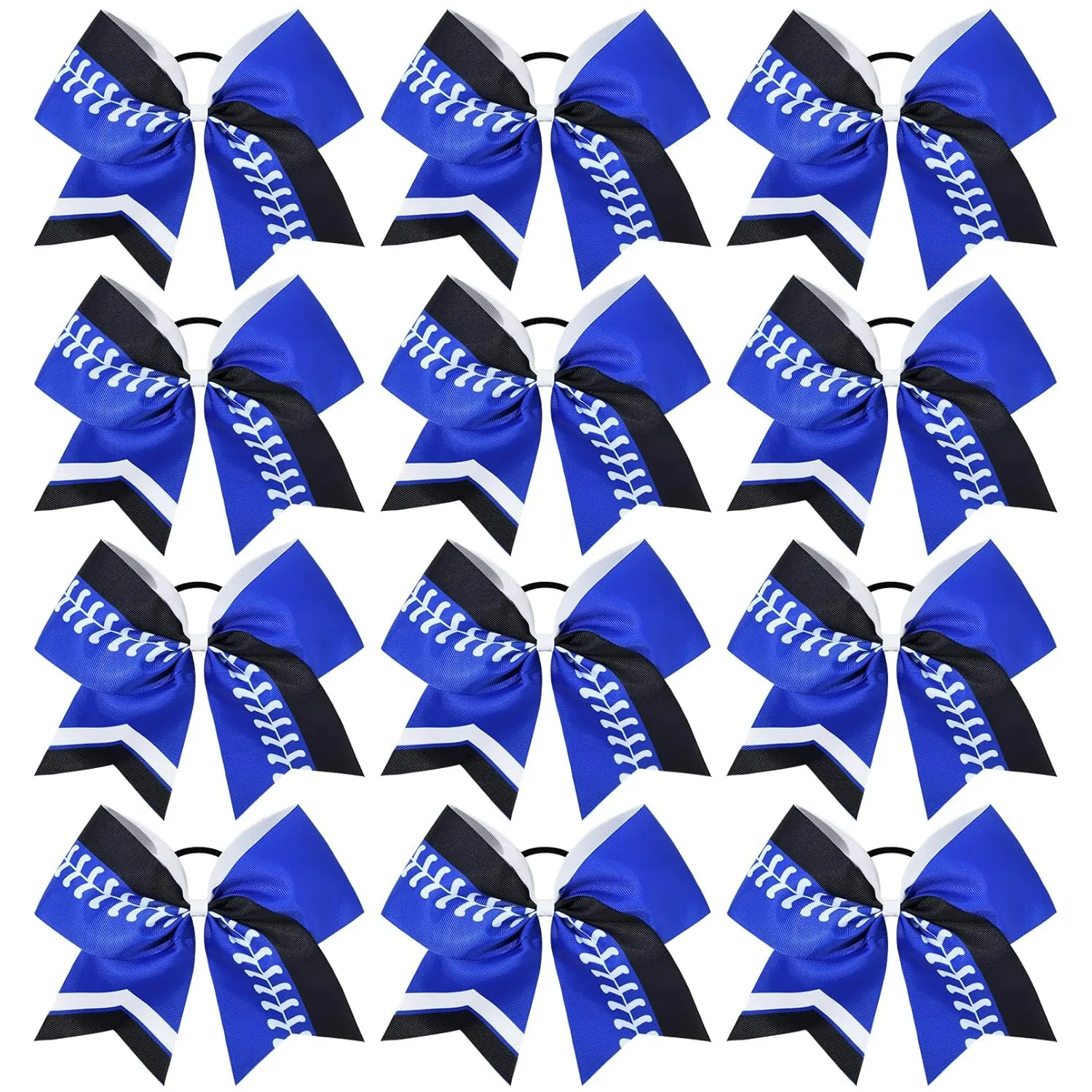 DEEKA 12 PCS Softball Cheer Bows 8" Softball Thread Large Cheer Hair Bows Ponytail Holder Handmade for Teen Girls Sports Cheerleader -Royal Blue/Black/White