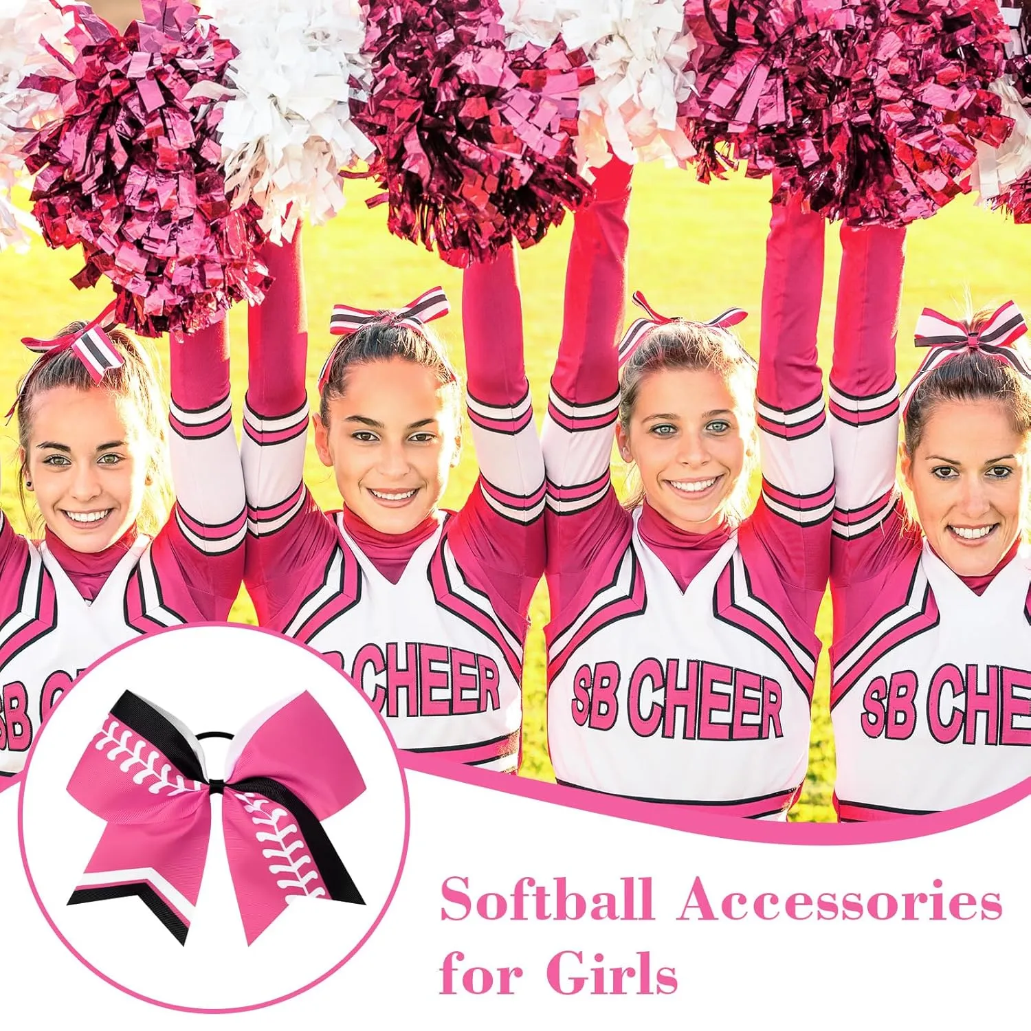 DEEKA 12 PCS Softball Cheer Bows 8" Thread Large Cheerleader Hair Bows Ponytail Holder Handmade for Teen Girls Sports -Pink/Black/White