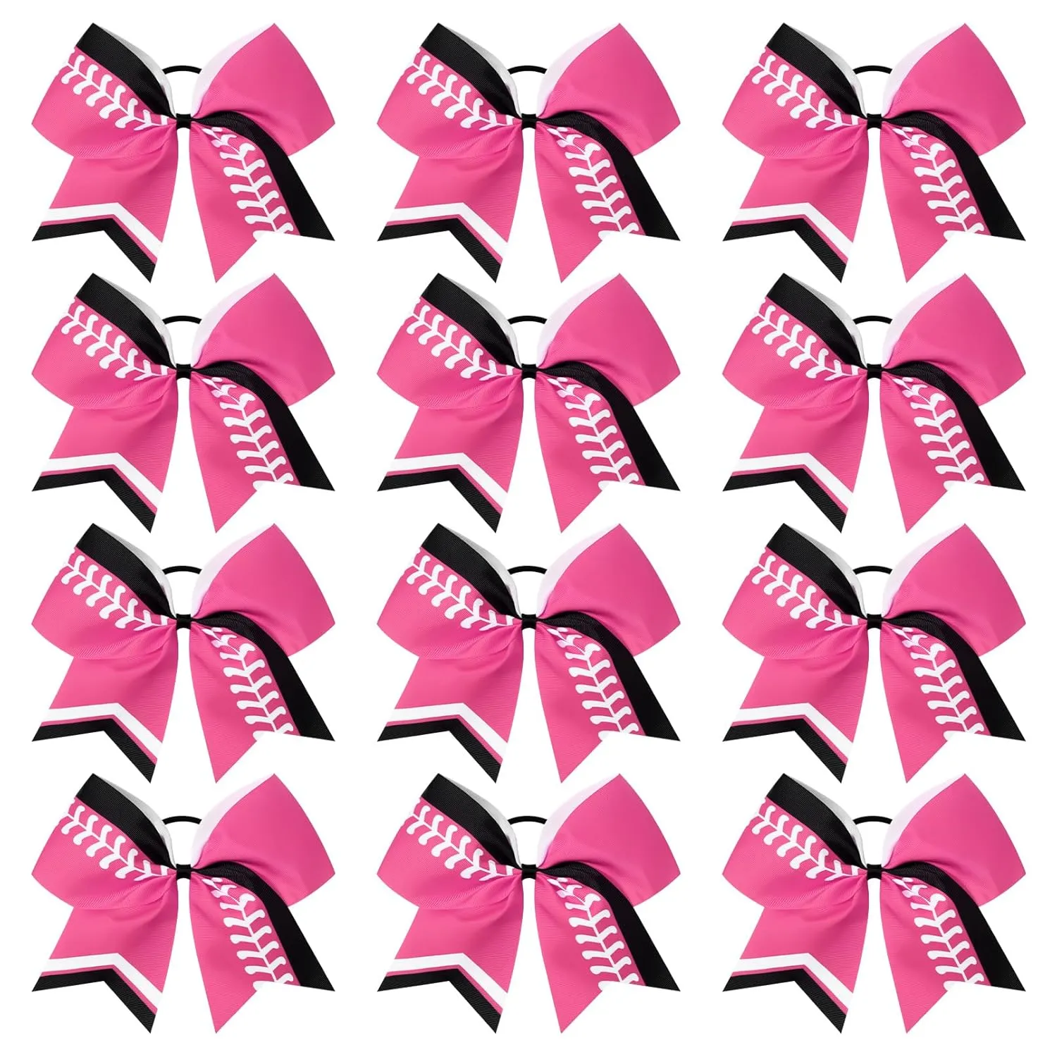 DEEKA 12 PCS Softball Cheer Bows 8" Thread Large Cheerleader Hair Bows Ponytail Holder Handmade for Teen Girls Sports -Pink/Black/White