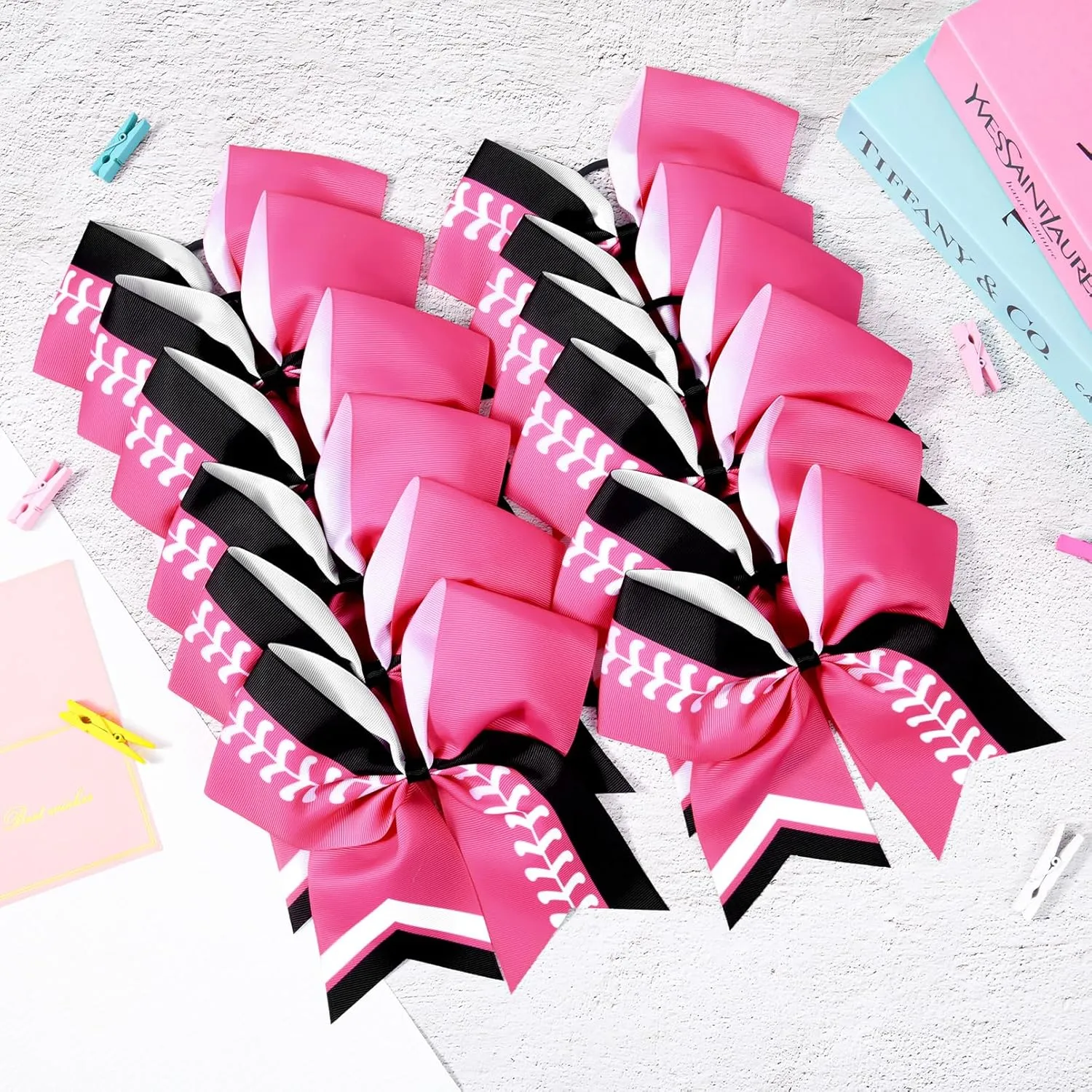 DEEKA 12 PCS Softball Cheer Bows 8" Thread Large Cheerleader Hair Bows Ponytail Holder Handmade for Teen Girls Sports -Pink/Black/White
