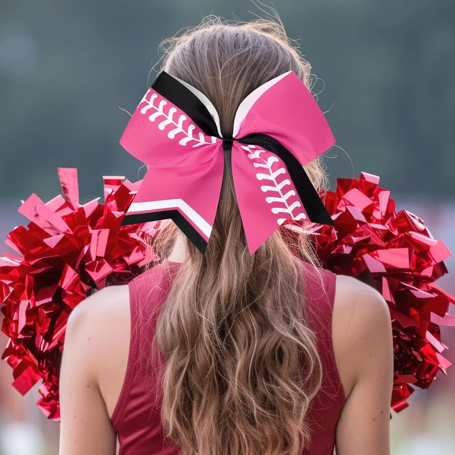 DEEKA 12 PCS Softball Cheer Bows 8" Thread Large Cheerleader Hair Bows Ponytail Holder Handmade for Teen Girls Sports -Pink/Black/White