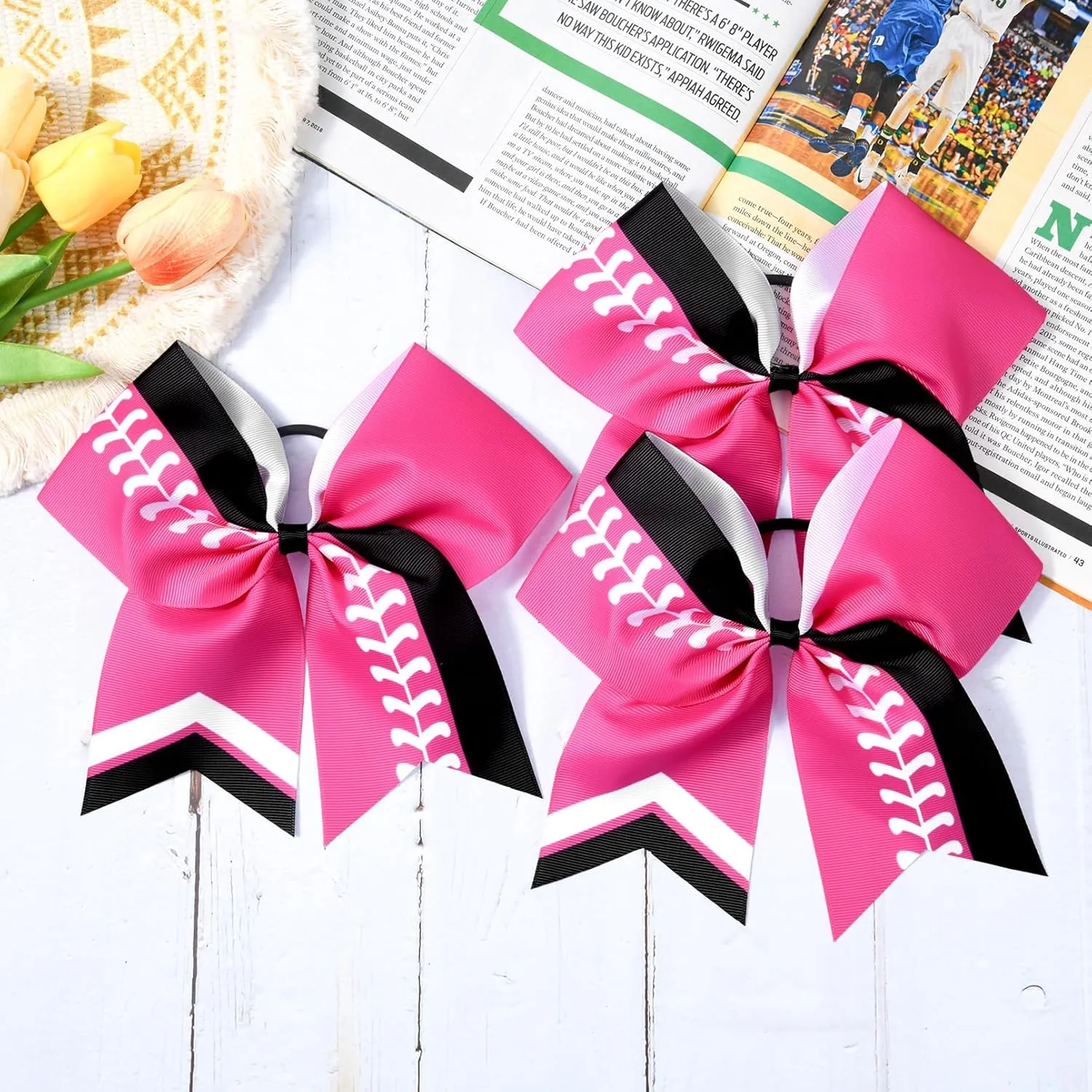 DEEKA 12 PCS Softball Cheer Bows 8" Thread Large Cheerleader Hair Bows Ponytail Holder Handmade for Teen Girls Sports -Pink/Black/White
