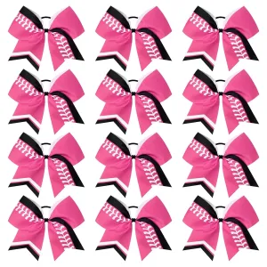 DEEKA 12 PCS Softball Cheer Bows 8" Thread Large Cheerleader Hair Bows Ponytail Holder Handmade for Teen Girls Sports -Pink/Black/White