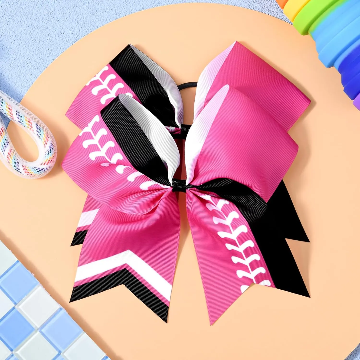 DEEKA 12 PCS Softball Cheer Bows 8" Thread Large Cheerleader Hair Bows Ponytail Holder Handmade for Teen Girls Sports -Pink/Black/White